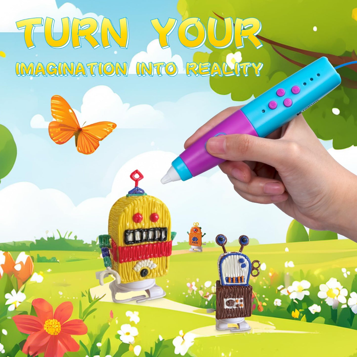 Kretrum 3D Pen for Kids Low Temperature 3D Printing Pen Kit with Robot Stencils Robot Base Finger Protectors 1.75mm PCL Filament etc. 3D Pen Best Birthday Gift for Children Crayon 3D Stylo 3D (Blue)