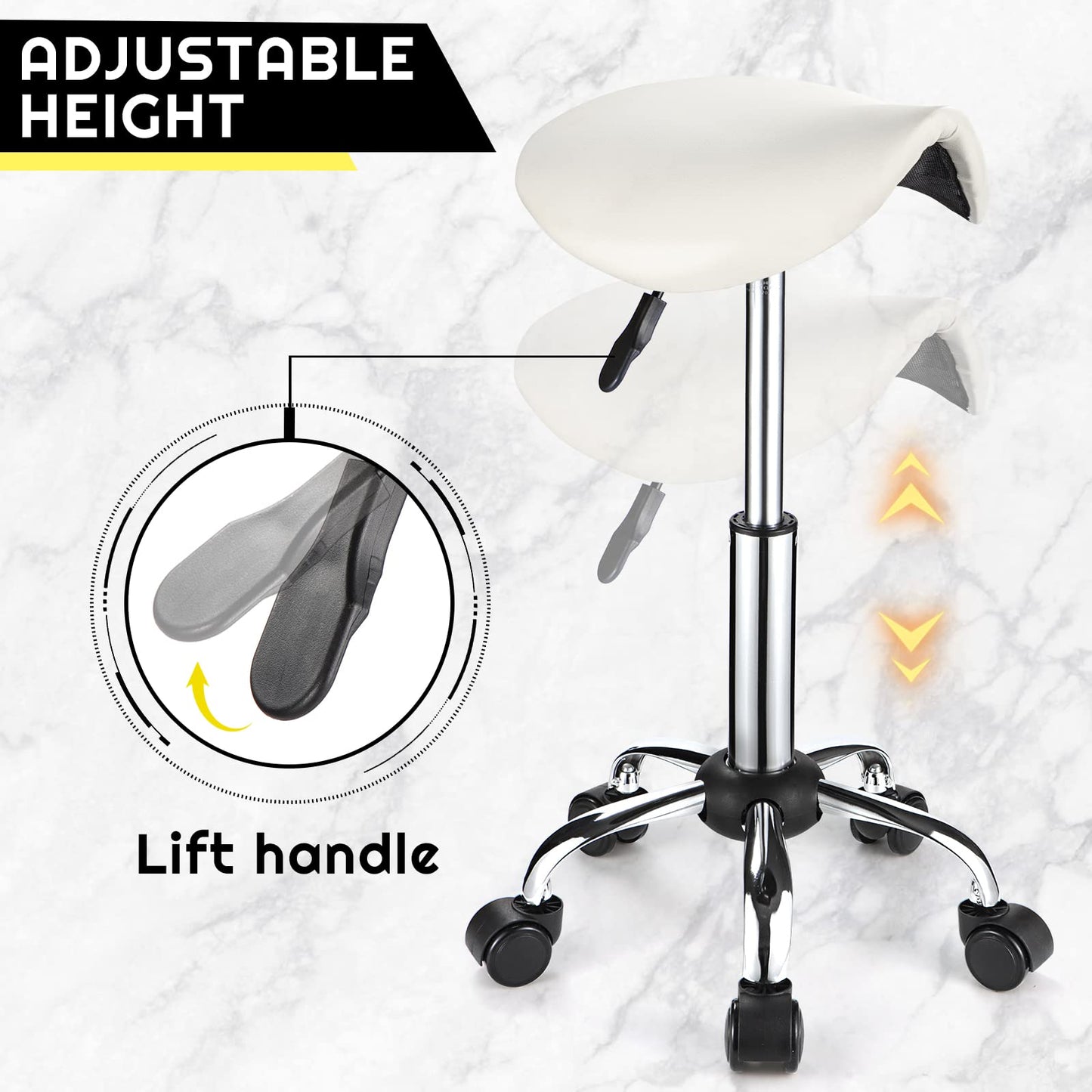 FNZIR Saddle Rolling Stool with Wheels PU Leather Height Adjustable Swivel Stools Chair White