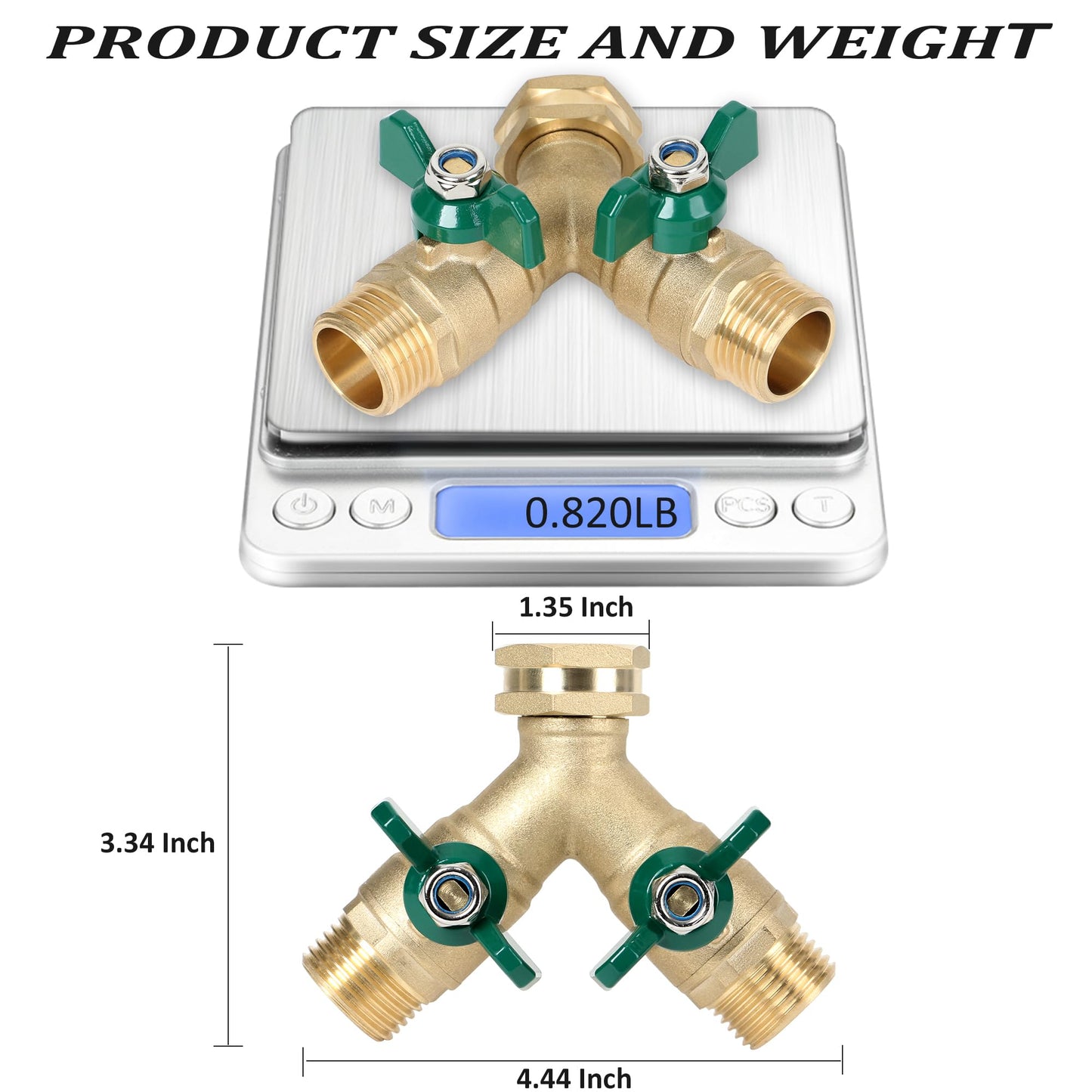 STYDDI Brass Garden Hose Splitter Full Flow, Heavy Duty Hose Splitter 2-Way High Flow, All Metal Hose Y Splitter with Shutoff, Outdoor Faucet Splitter Hose Connector, Water Hose Y Valve Tap Adapter