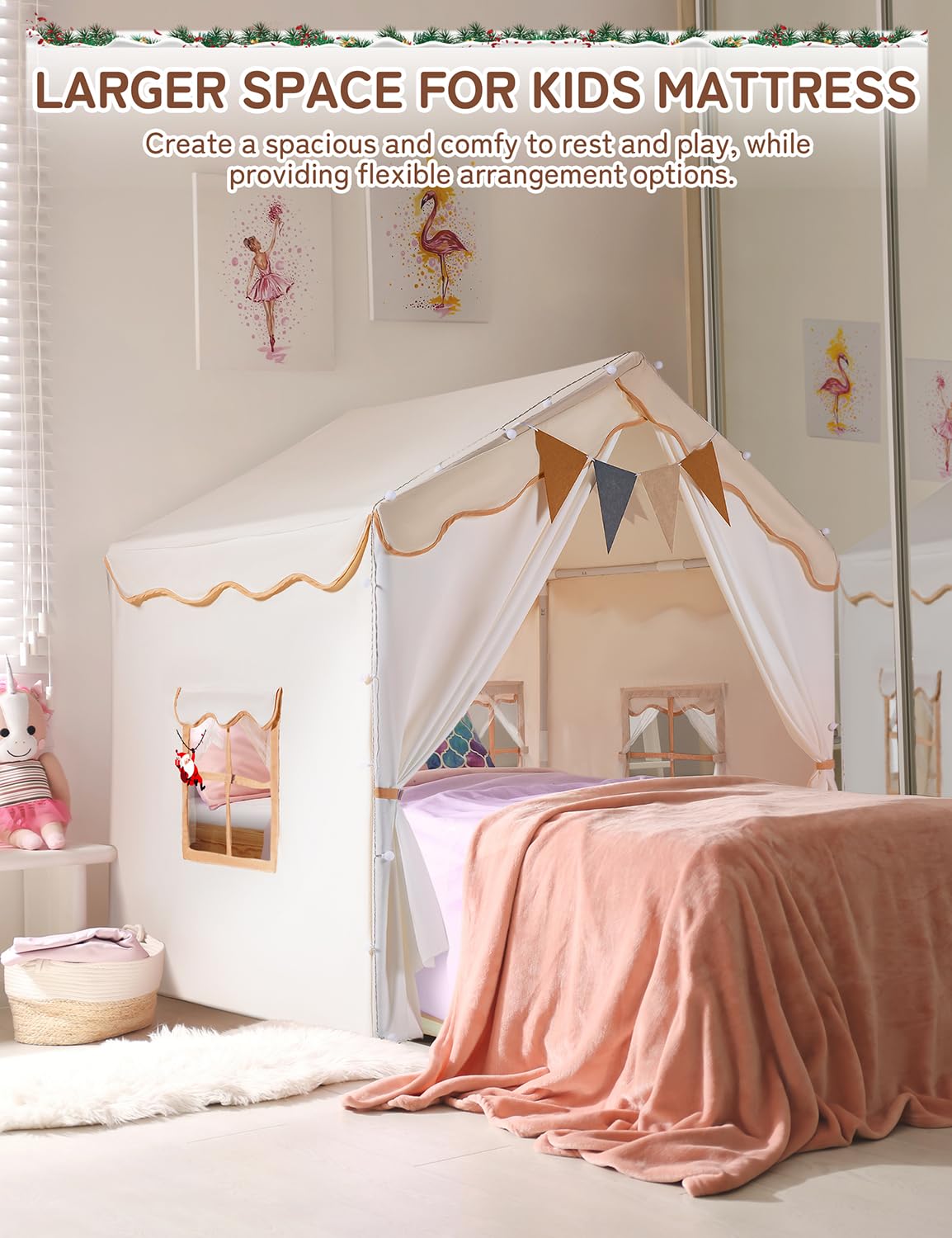 besrey Kids Tent, 2 in 1 Play Tents with Padded Mat and Lights, Large Playhouse for Kids with 2 Doors & 4 Windows, Kids Play Tent House Indoor & Outdoor, Toddler Tent for Girls Boys