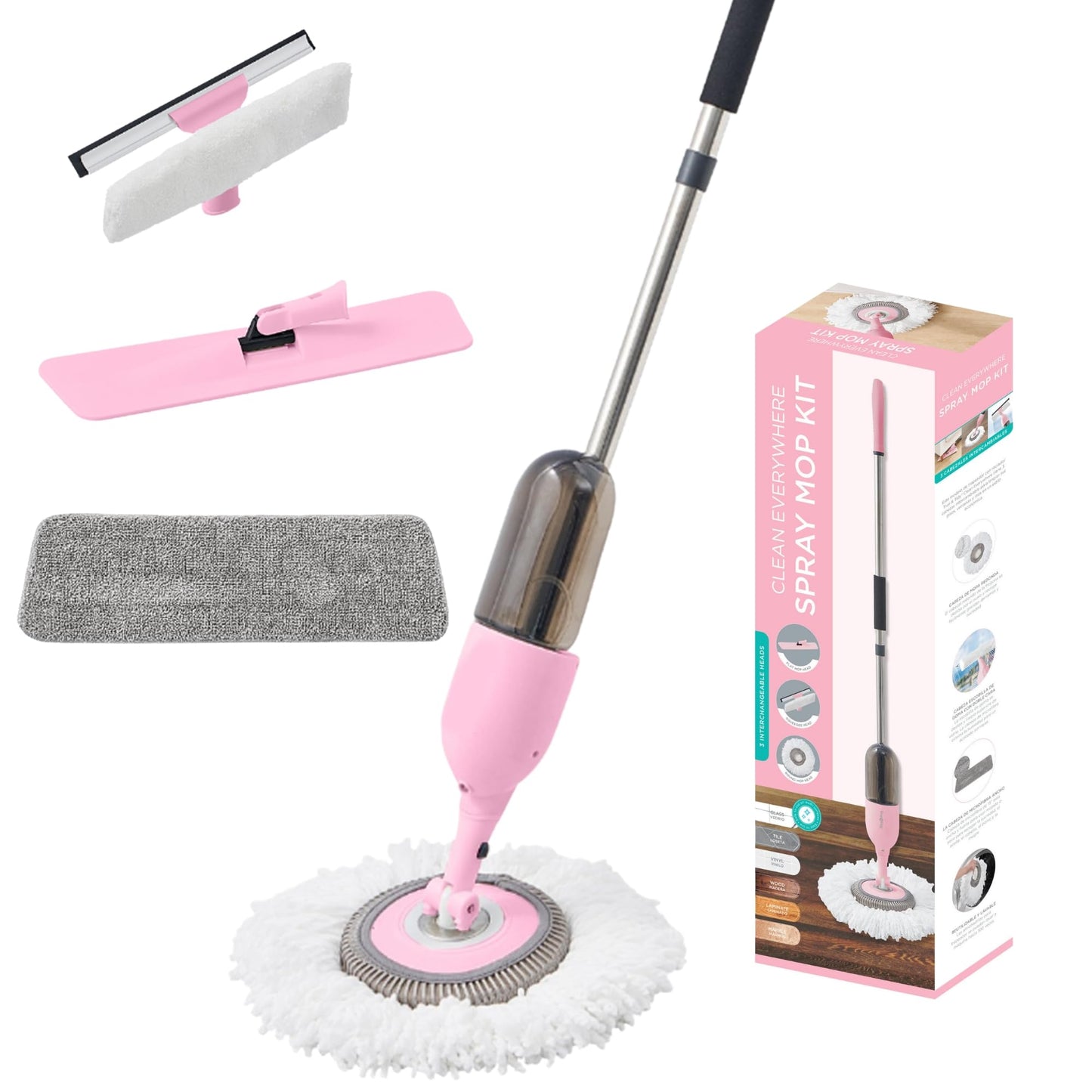 True & Tidy 3-in-1 Multi-Surface Spray Mop Kit with Flat, Round, Squeegee Mop Heads, Refillable Water Bottle, Machine Washable Microfiber Pads for Floor and Glass Cleaning