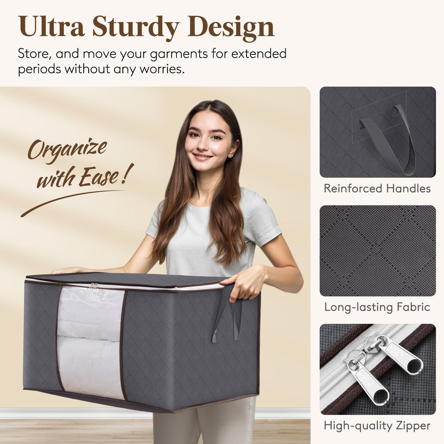 Lifewit 90L Large Capacity Clothes Storage Bags Organizer with Reinforced Handle, Foldable Clothing Storage for Comforters, Blankets, Bedding, with Sturdy Zipper, Clear Window, 6 Pack, Grey