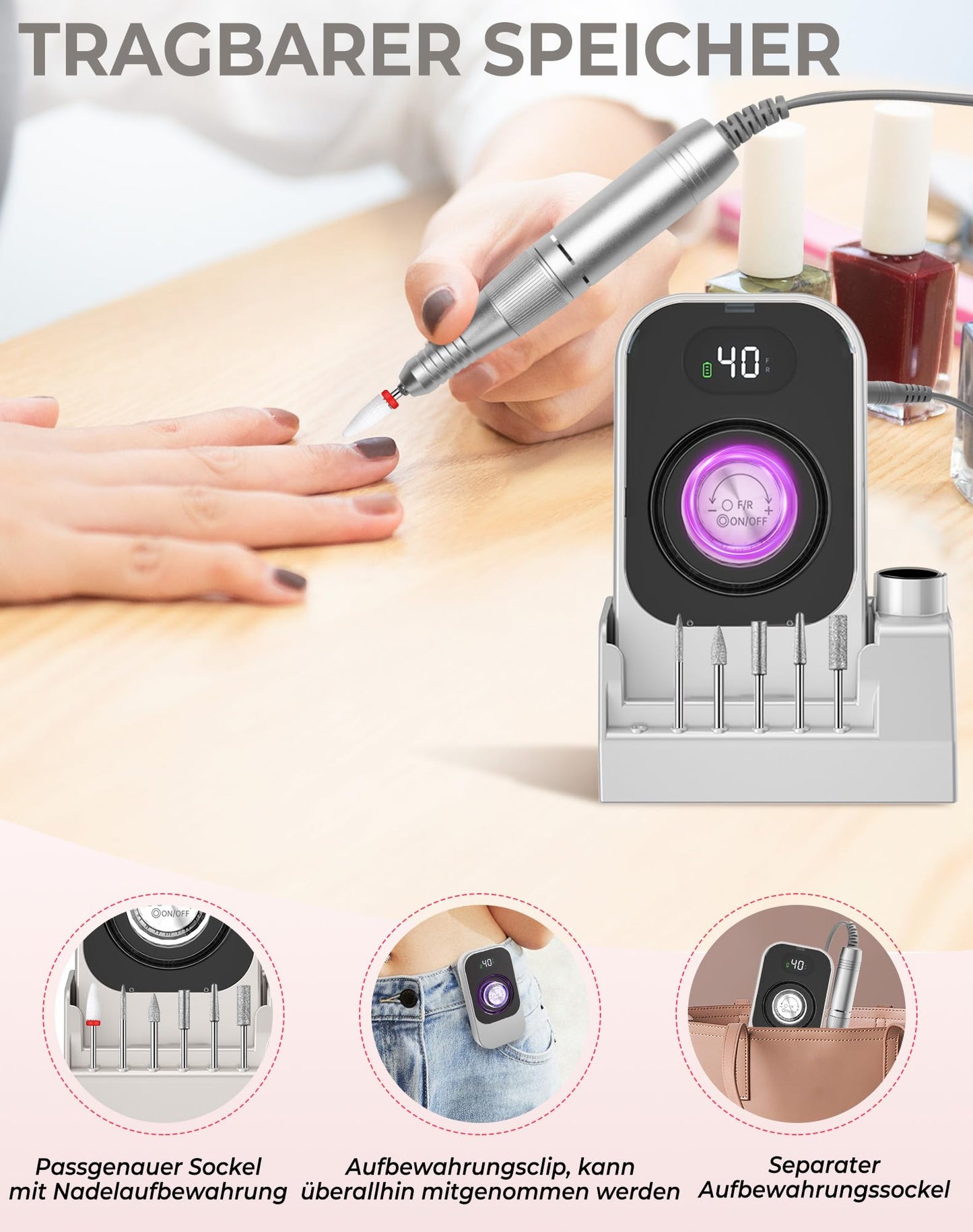 Efile Nail Drill, Professional Nail Drill 40000 RPM Electric Nail File Professional Chargeable Machine Chargeable for Gel Nails Kit with 7 Nail File Bits, Portable File At Home And Salon (Grey)