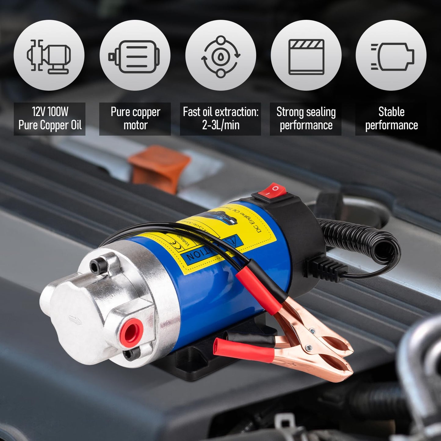 Oil Extractor Pump 12V 100W, Ultra-Quiet Fluid Transfer Pump for Engine Oil, Transmission Fluid, Gear Oil Change - Self-Priming Oil Change Pump for Car, Boat, Motorcycle, Mower, RV (3 Hoses+Adapters)