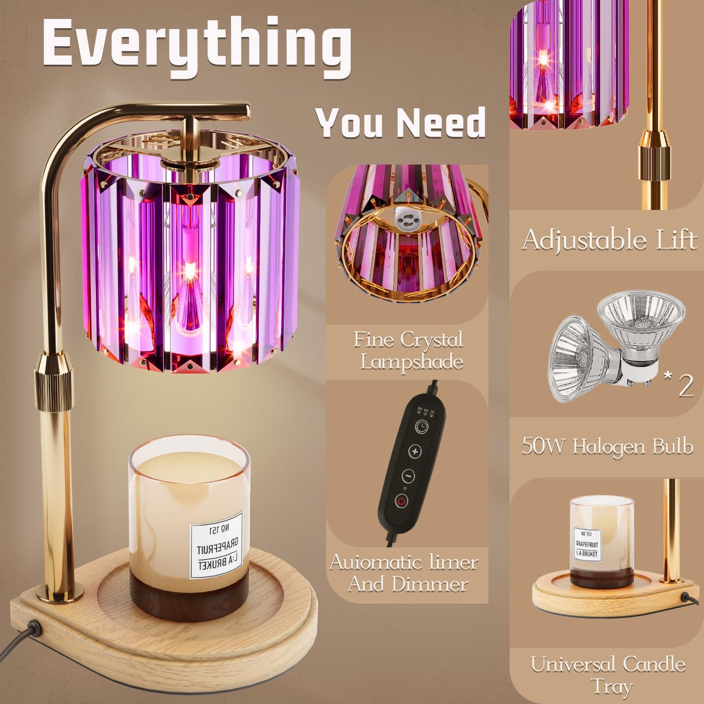 Candle Warmer Lamp with Timer and Dimmer Purple, Adjustable Height Glass Candle Lamp, Electric Candle Lamp Warmer for Home Decor,Gift for Women,2-Bulb Candle Warming Lamp for Jar Candles (Purple)