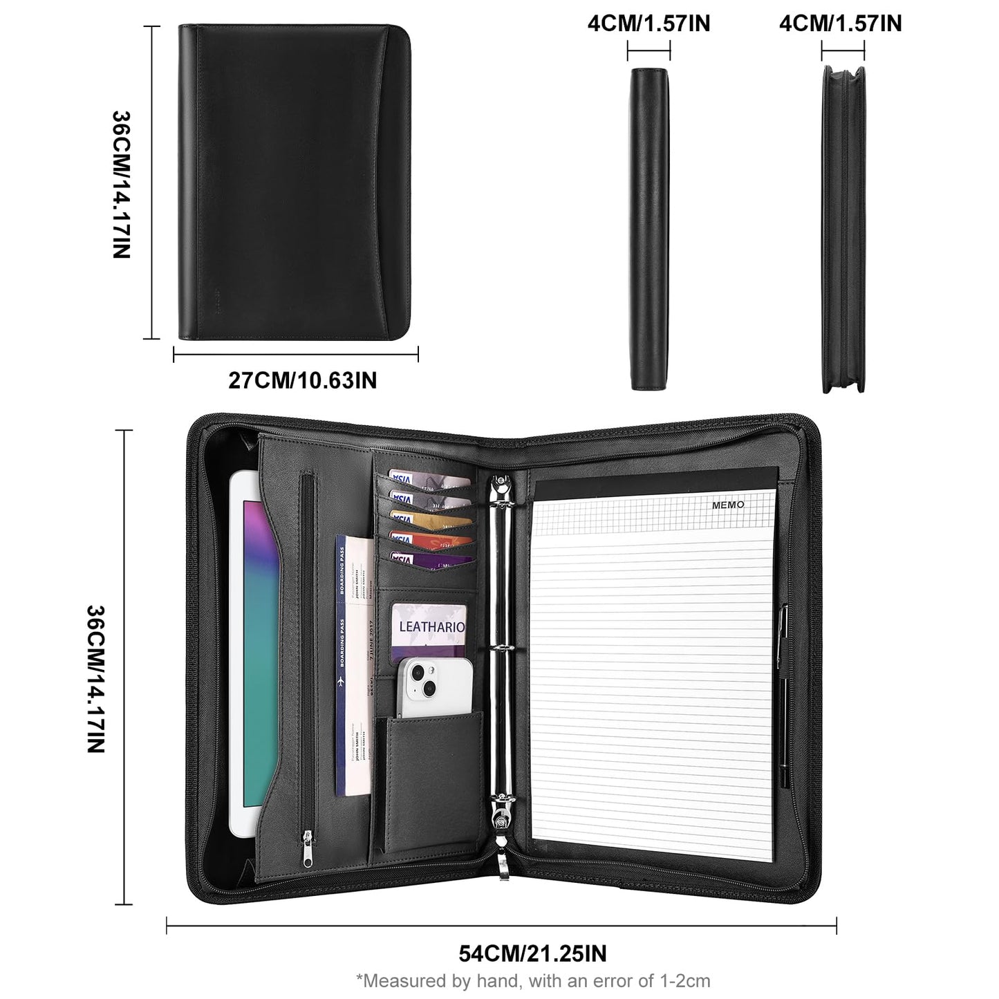 Leathario Portfolio, Vegan Leather 3-Ring Binder with Zipper, A4 Padfolio, Includes 10 Sheet Protectors and 3 Notepads, Multi-Pocket Document Holder for Tablets, Files, Notepads, Office Supplies