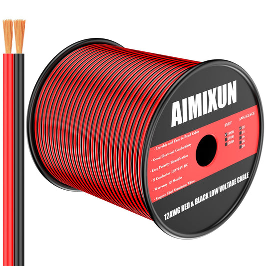 AIMIXUN 12 Gauge Electrical Wire 100FT, 12AWG 2 Pin 2 Color Red and Black Cable 12V Strips Extension PVC Flexible 12V/24V DC Cable Low Voltage 12 Gauge Stranded 2 Conductor Wire