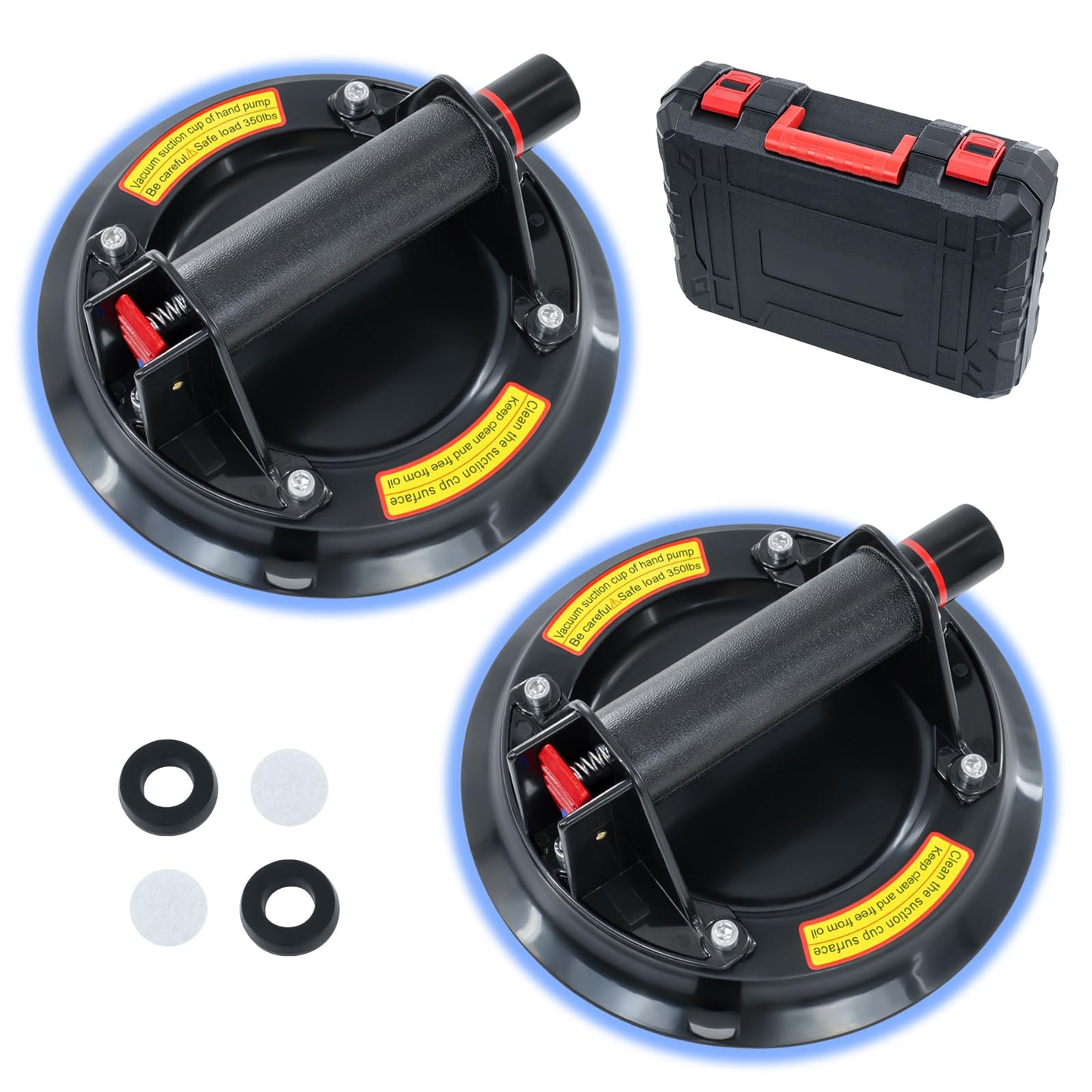 8" Heavy-Duty Glass Suction Cups 2 Pack with Carrying Case - Industrial Tile Suction Cup Tool for Lifting Large Glass, Granite, Windows & Windshield | 700 lbs Capacity Vacuum Suction Cup Lifter
