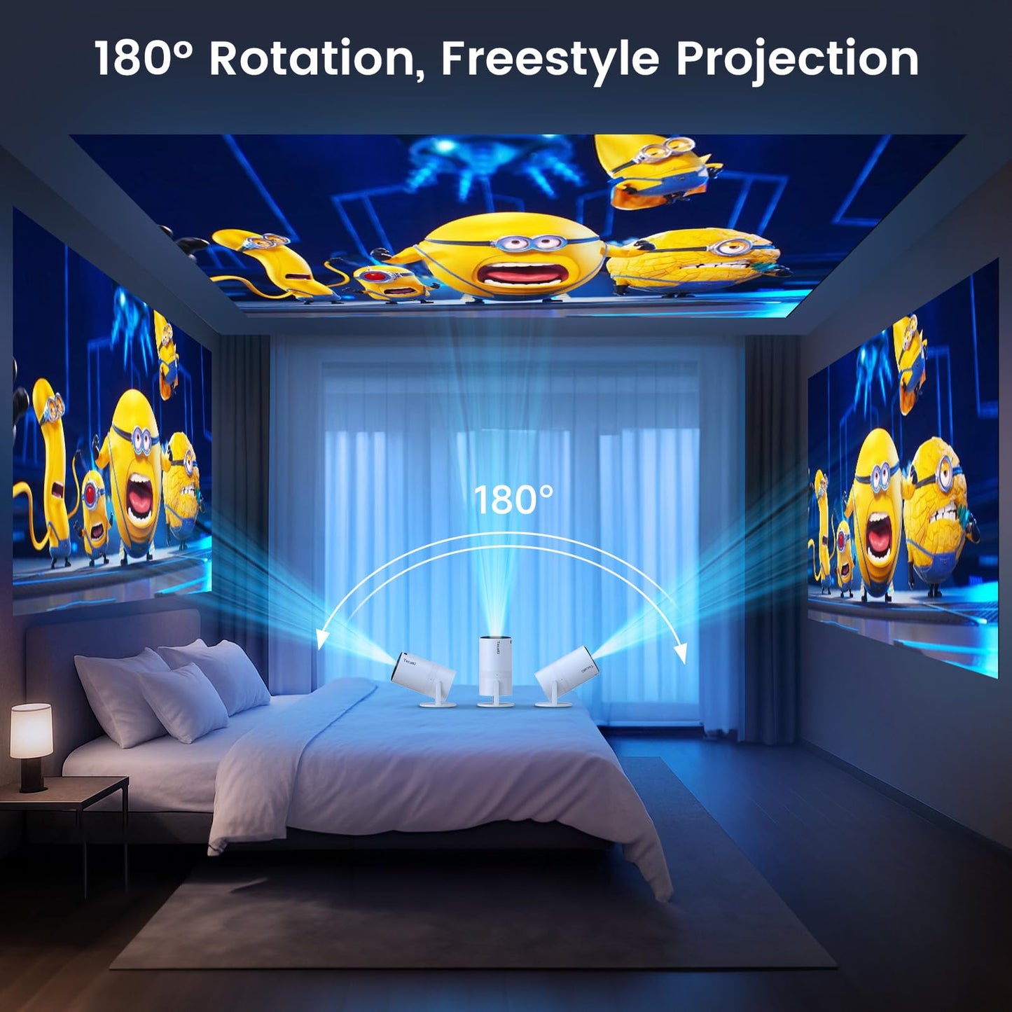 Tecaki Mini Projector Full HD 1080P, Portable Projector with WiFi and Two-Way Bluetooth, 180° Rotatable, Auto Keystone, Dust Removal Design, Compatible with Smartphone, TV Stick, HDMI