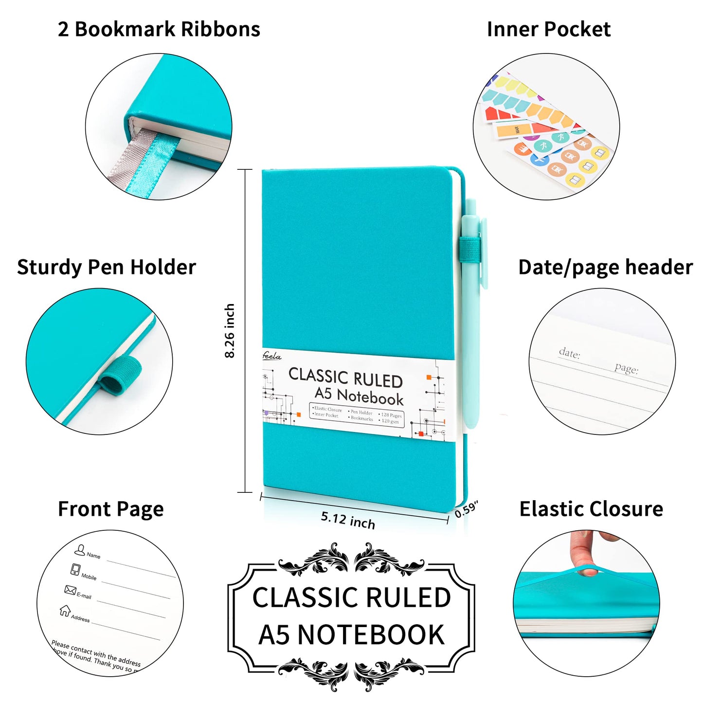feela 12 Pack Notebooks Journals Bulk with 12 Black Pens, A5 Hardcover Notebook Classic Ruled Journal Set with Pen Holder for School Business Work Travel Writing, 120 GSM, 5.1”x8.3”, Emerald