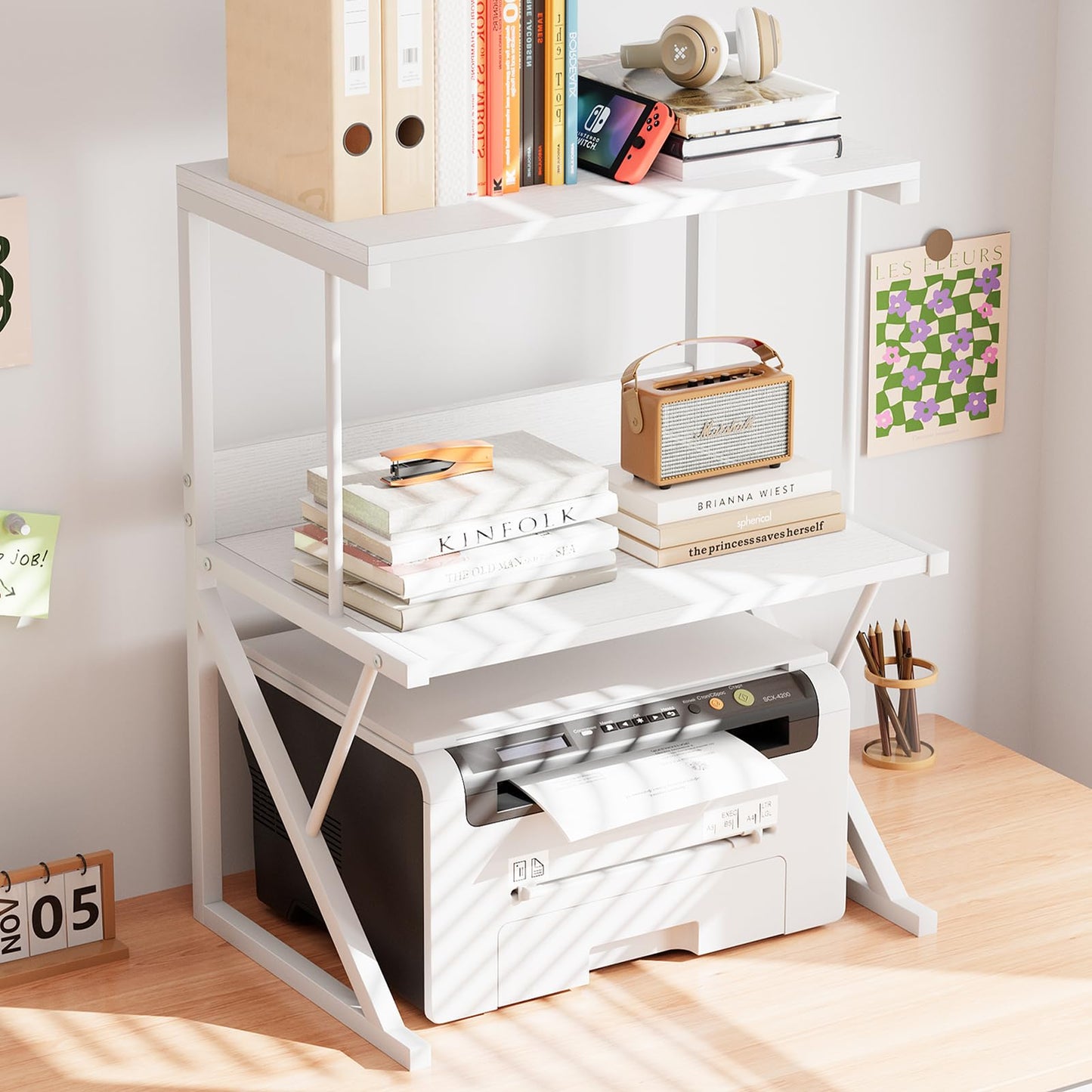 aboxoo Printer Stand for Desk, Desktop Printer Shelf Large Printer Stands 3 Tiers Multi-Purpose Desk Office Organization Shelves for Home Office Printer Fax Book, White