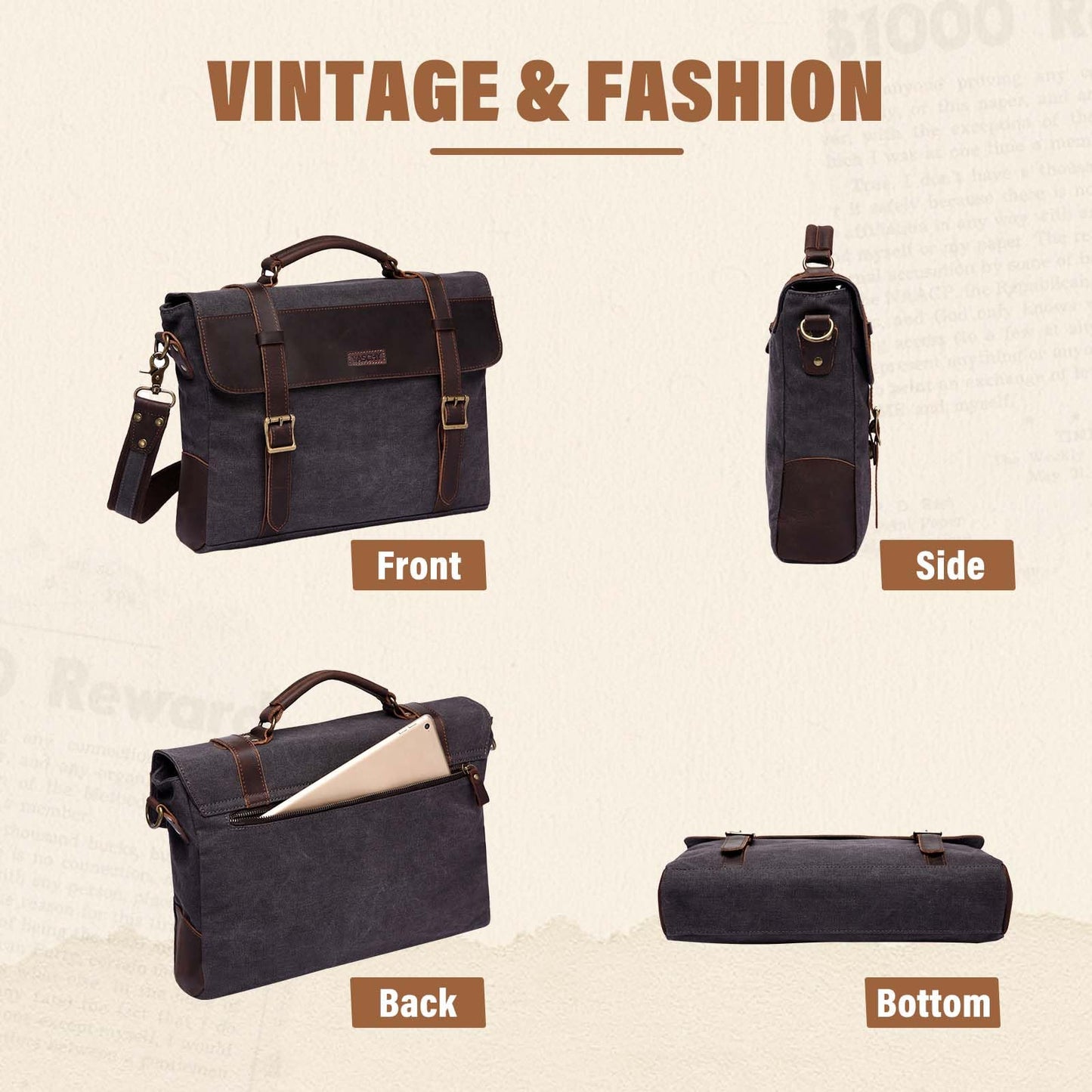 Messenger Bag for Men,Vintage Canvas Leather Canvas Laptop Satchel Shoulder Bag Business Briefcase, Gray-fits 14inch Laptop, Fits 14in Laptop