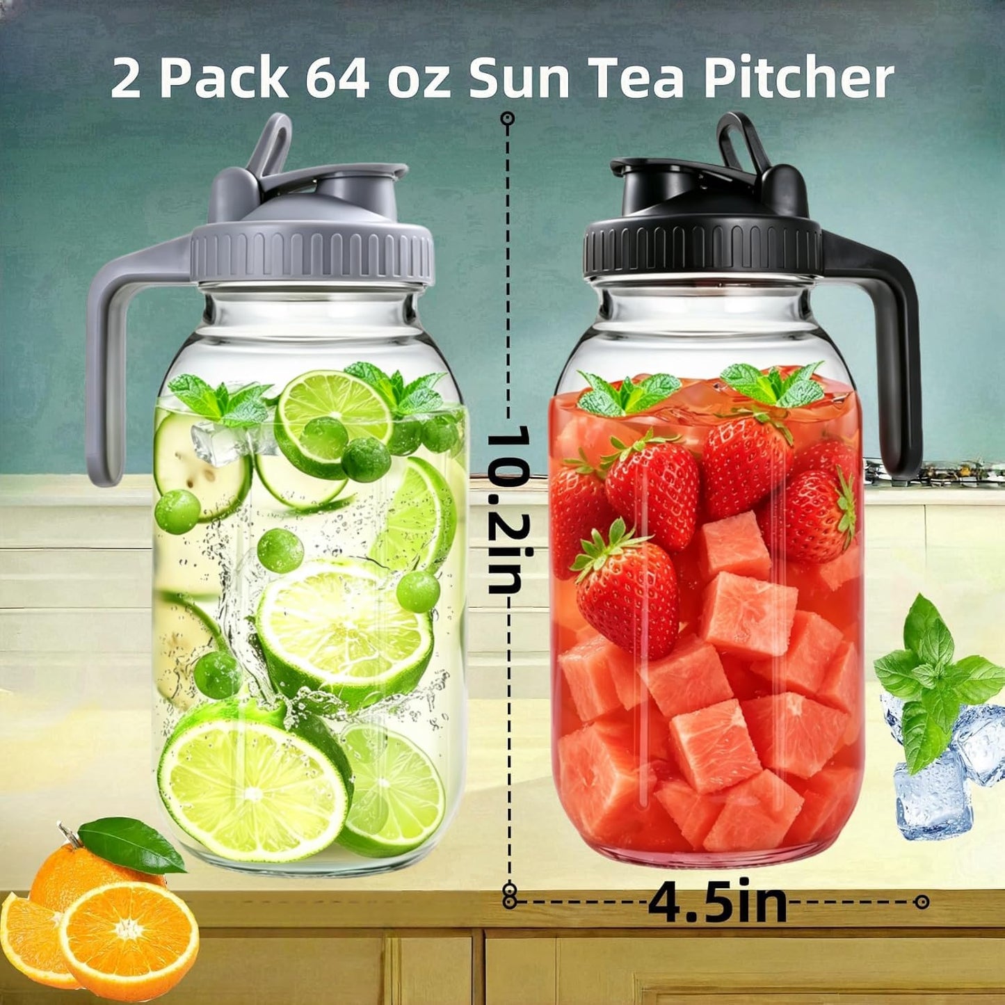2 Pack 64 oz Glass Pitcher With Lid, Mason Jar Pitcher, Glass Sun Tea Jar for Ice Tea, 2 Quart Breast Milk Jug with Flip Cap Leak Proof, Cold Brew Coffee (2 PCS-64 oz)