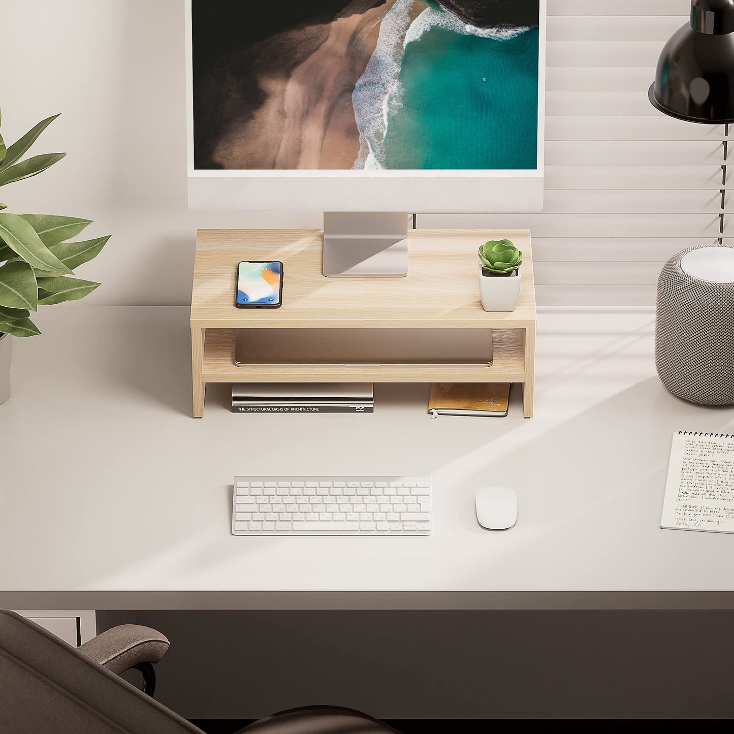 FITUEYES Computer Monitor Stand 16.7 inch 2 Tiers Laptop Riser with Storage Shelf Wooden Desk Organizer for Home Office Use (Oak)