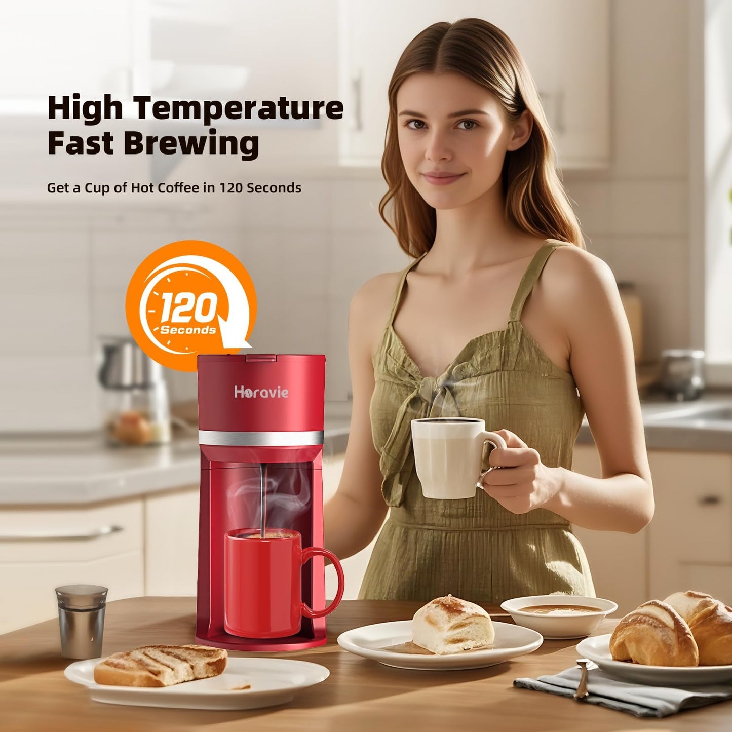 Single Serve Coffee Maker Machine for K-Cup and Ground Coffee, 6 to 12 oz. Brew Sizes, Fast Brew Single Cup Coffee Machine with Descaling Reminder and Water Window, Perfect for Small Spaces, Red
