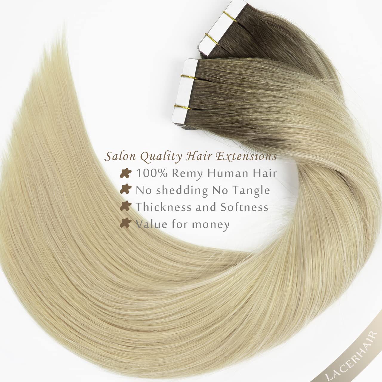 Lacer Hair Natural Hair Remy Tape in Human Hair Extensions #8G/60A Light Ash Brown to Light Platinum Blond Dip Dyed Seamless PU Skin Weft Real Remy Invisible Hair Double Side 50g 20pcs 18inch