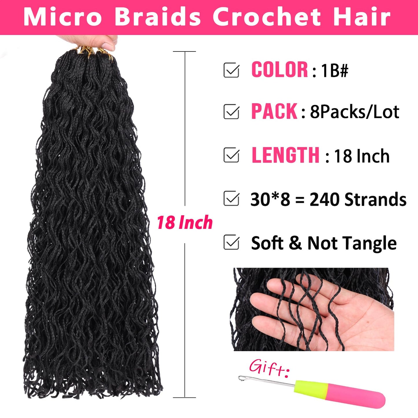 RuiYok 240 Strands Micro Box Braids Crochet Hair 18 Inch Curly ZiZi Box Braids Natural Black Micro Locs with Curly Ends 8 Packs Sister Locs Mini Twist Crochet Hair Braiding for Women #1B