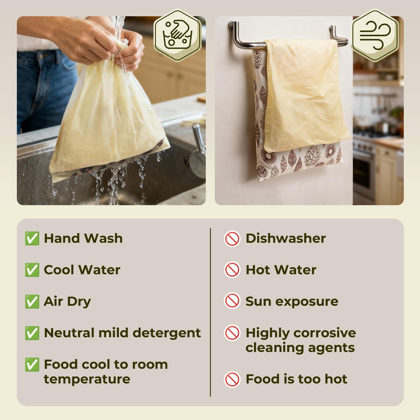 OHIYO Reusable Beeswax Bread Bags for Freezer & Refrigerator, Natural Beeswax-Lined Cotton Storage Bags Airtight Freshness Keeper for Homemade, Bakery Essentials (2 Pack)