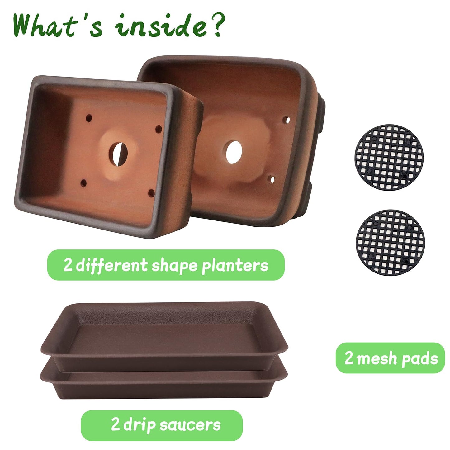 MUZHI 2 Pack Handmade Color Gradational Terracotta Bonsai Pot 6 Inch and 7 Inch with Drip Tray, Breathable Unglazed Rectangle Ceramic Planter for Tree Succulent Cactus