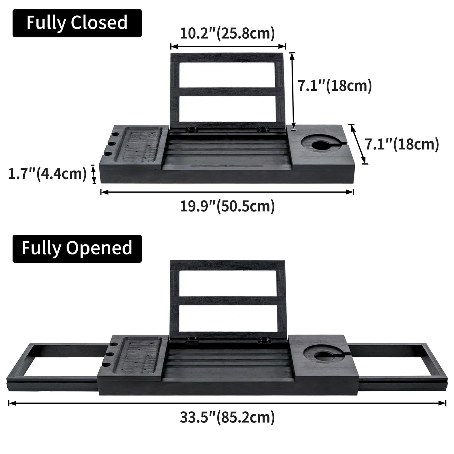 Utoplike Black Bathtub Trays, Bamboo Bath Trays for Bathtub, Expandable Bathtub Caddy Tray, Bath Tub Table Shelf with Adjustable Arms, Bathroom Trays for Books/Tablets/Cell Phone/Towels/Foods