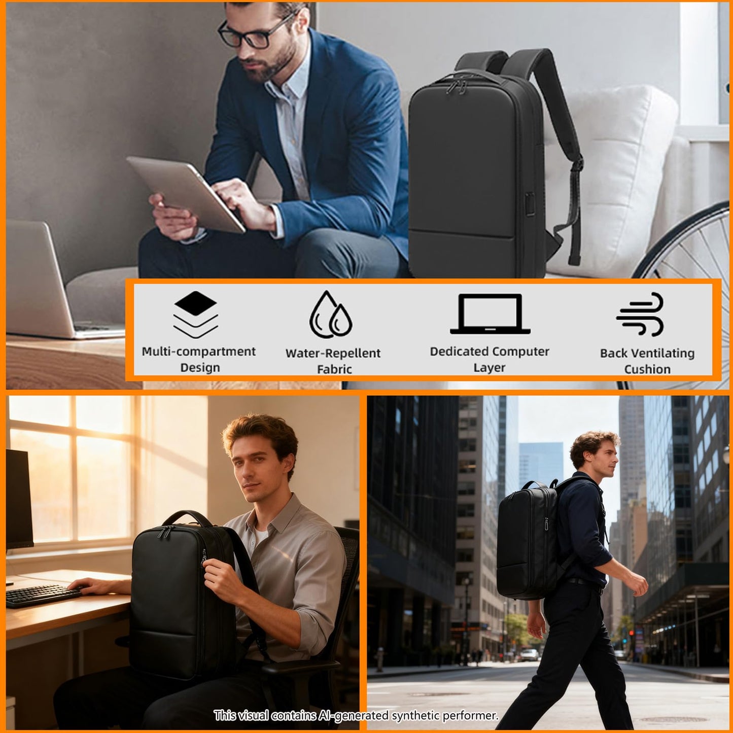 15.6-Inch Laptop Backpack, Expandable Slim Design, Waterproof, USB and Type-C Charging Ports, Professional Computer Bag (black)
