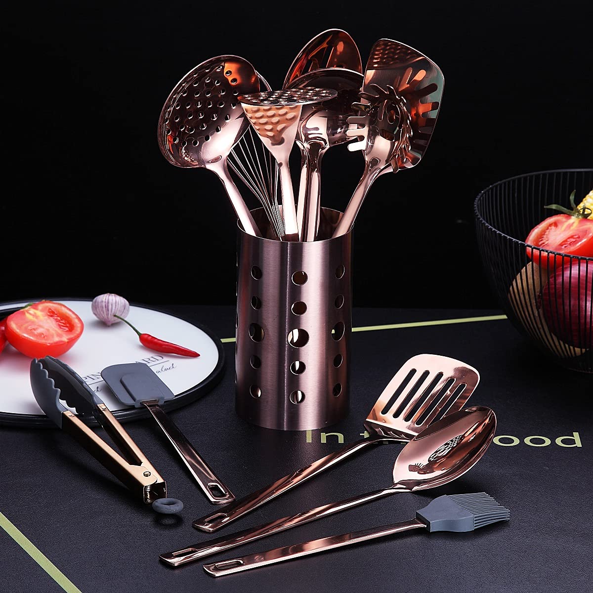 Copper Kitchen Utensils Set,13 Pieces Stainless Steel Cooking Utensils Set with Titanium Rose Gold Plating,Kitchen Tools Set with Utensil Holder for Non-Stick Cookware Dishwasher Safe (13 Packs)