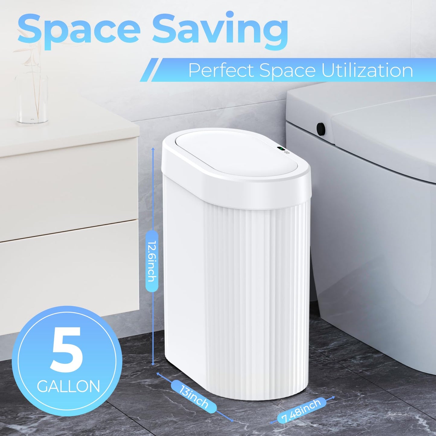 2 Pack 5 Gallon Bathroom Trash Can with Lid, Automatic Motion Sensor White Trash Can, Touchless Slim Waterproof Garbage Bin for Kitchen, Bedroom, Office, and Bathroom