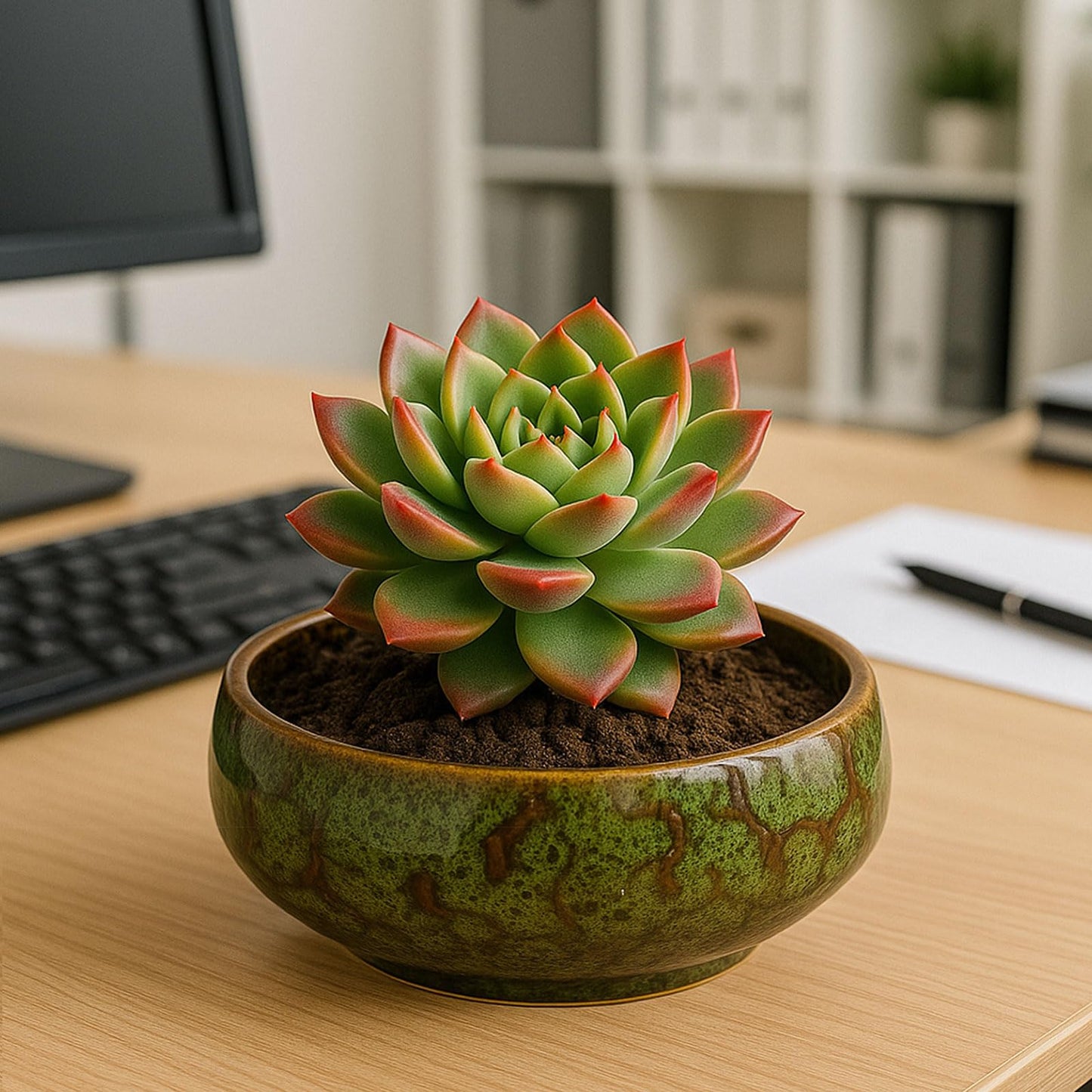 Lotus Bowl Planter – Ceramic Water Plant Pot Sacred Bonsai Bowl Lotus Flower, Shallow Glazed Vase for Seeds, Bonsai, Succulents, Hydroponic Plants (Blue)