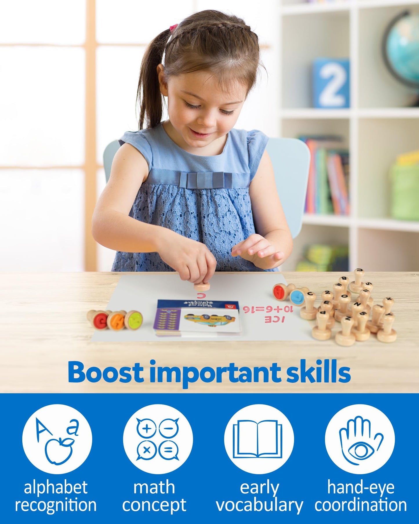 Coogam Wooden Alphabet Number Stamp Flashcard, ABC Spelling Letter Stampers and Mathematics Learning Number Stampers Arts and Crafts Supplies, Montessori Educational Toy Gifts for Kids