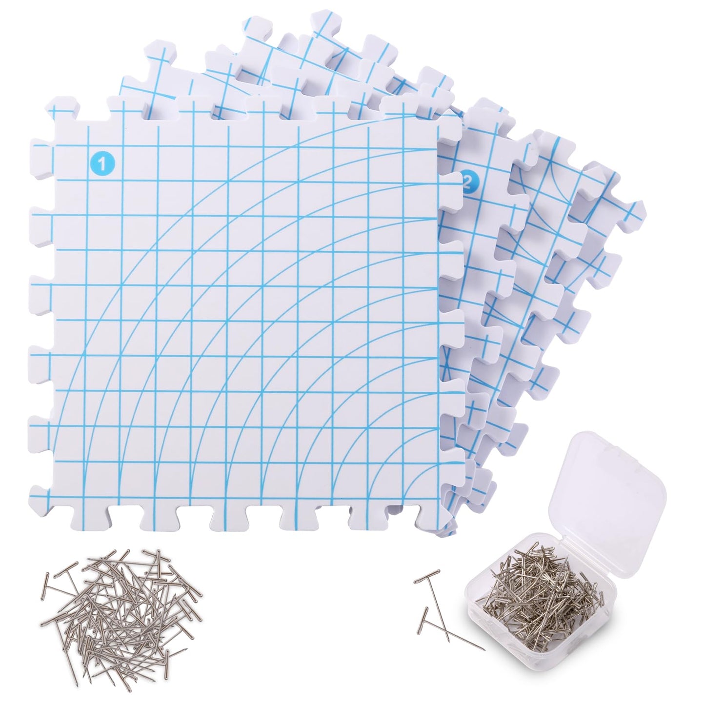 Mevome Blocking Mats for Knitting, Interlocking Extra Thick Block Boards 12”x12” for Crochet Projects with Grid Lines Needlepoint Knit Crocheting, 4 Foam Mat & 100 T-pins Granny Gift (White 4pcs)