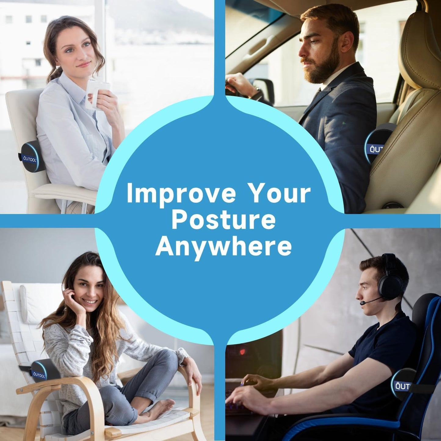 QUTOOL Lumbar Roll Support for Office Chair – Lower Back Support Cushion for Sitting, Anti-Slip Adjustable Strap, Firm Foam, Removable Washable Cover