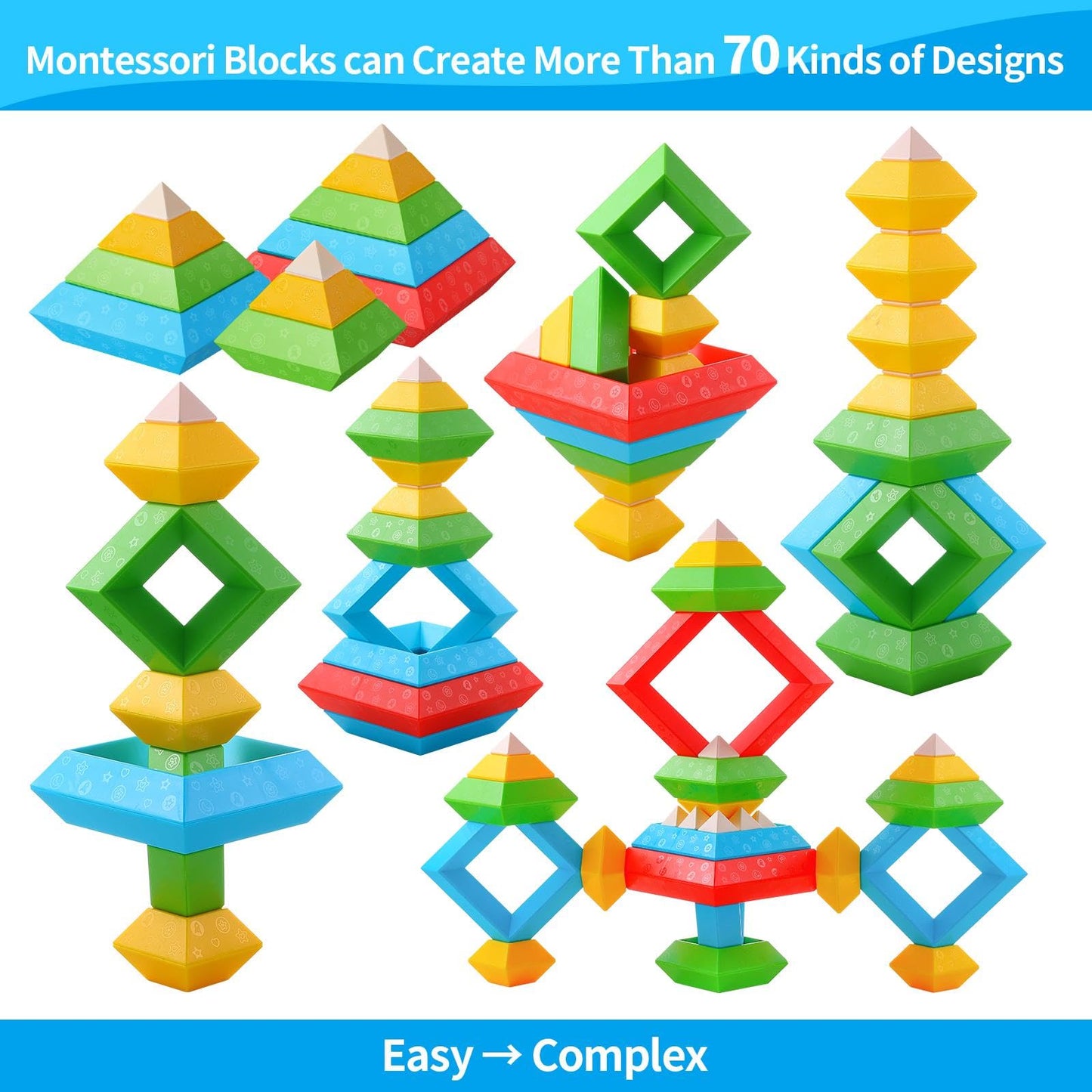 Montessori Toys for 3 4 5 Year Old Boy Girl 30Pcs Stacking Building Blocks Preschool Learning Activities STEM Manipulatives Toddler Toys Gifts for Kids