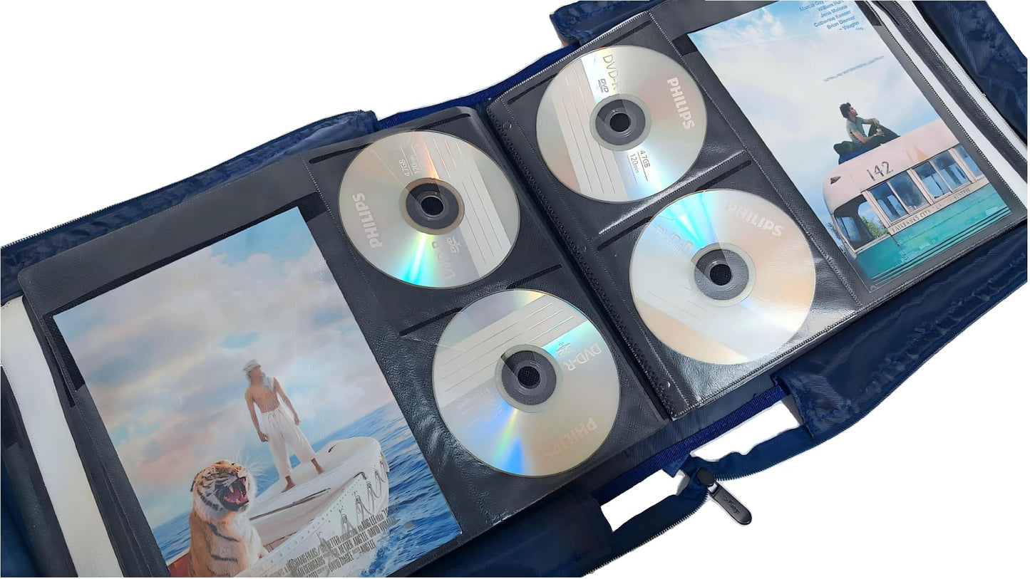 DVD CD Storage Case with Extra Wide Title Cover Pages for Blu Ray Movie Music Audio Media Disk (Portable Carrying Binder Holder Wallet Album Home Organizer)- Blue, 192 Disk Units, 96 Booklet Pockets