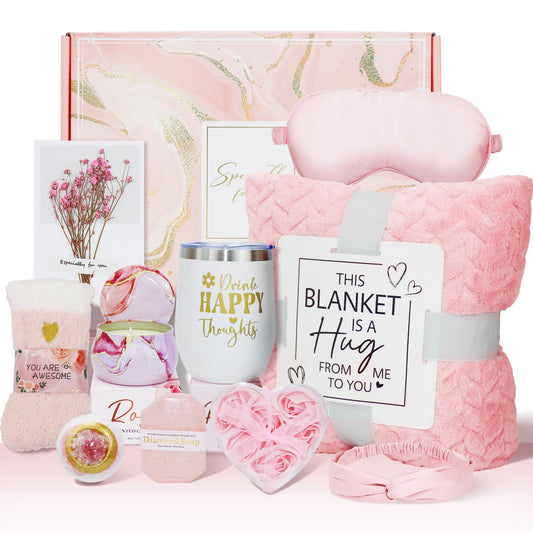 Birthday Gifts for Women Self Care Gifts Get Well Soon Gifts, Care Package Rose Relaxing Spa Gifts Basket w/ Luxury Flannel Blanket, Unique Mothers Day Gifts for Mom Her Friend Sister Wife Grandma