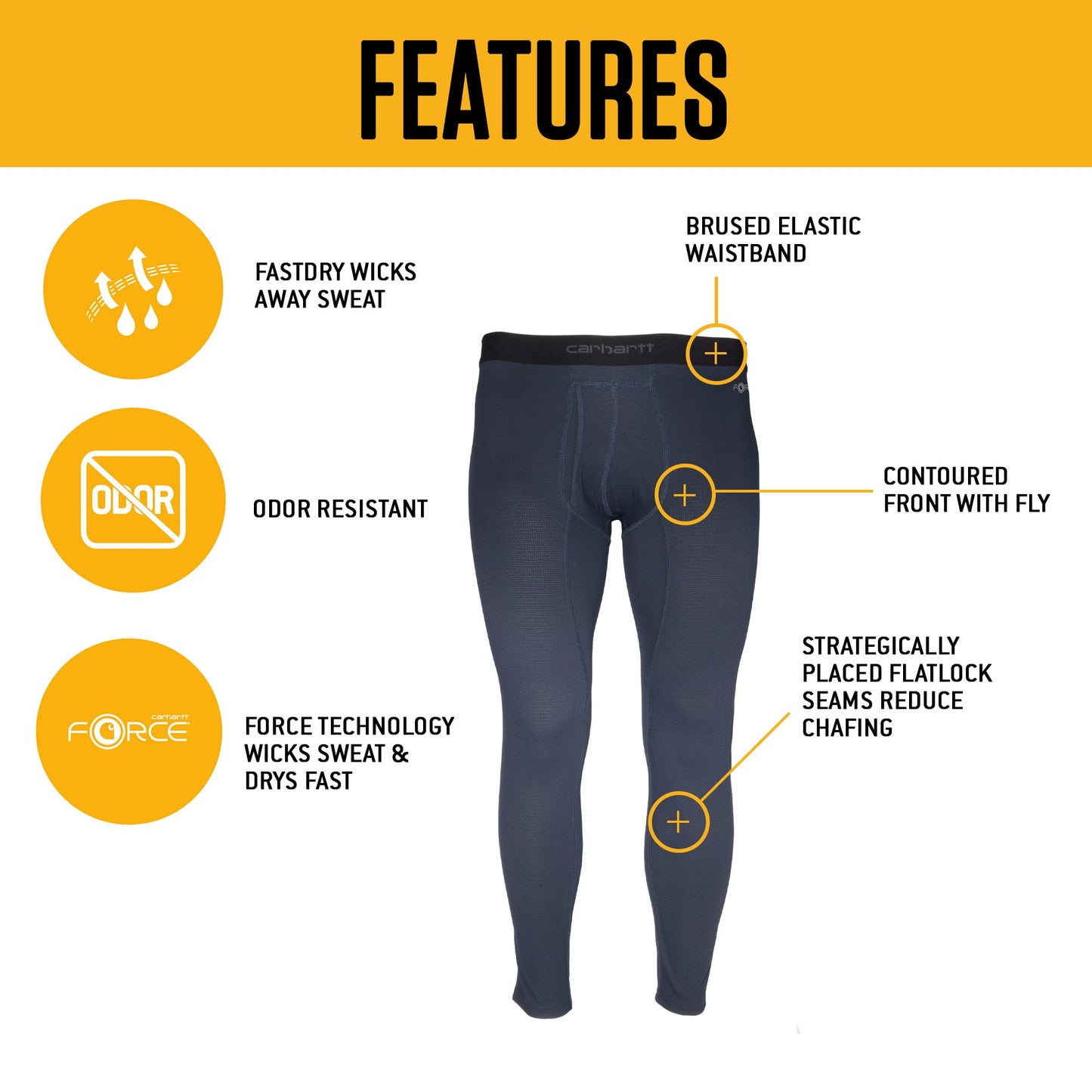 Carhartt Men's Force Midweight Classic Thermal Base Layer Pant, Black, Medium