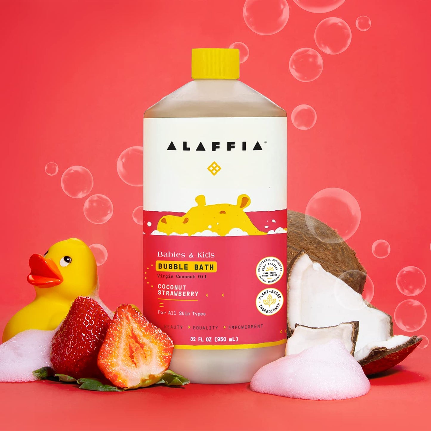 Alaffia Babies and Kids Bubble Bath, Gentle Baby Essentials for Delicate Skin, Cleansing & Calming Bubbles, Plant Based Formula, Vegan, Coconut Strawberry (2 Pack - 32 Fl Oz Ea)