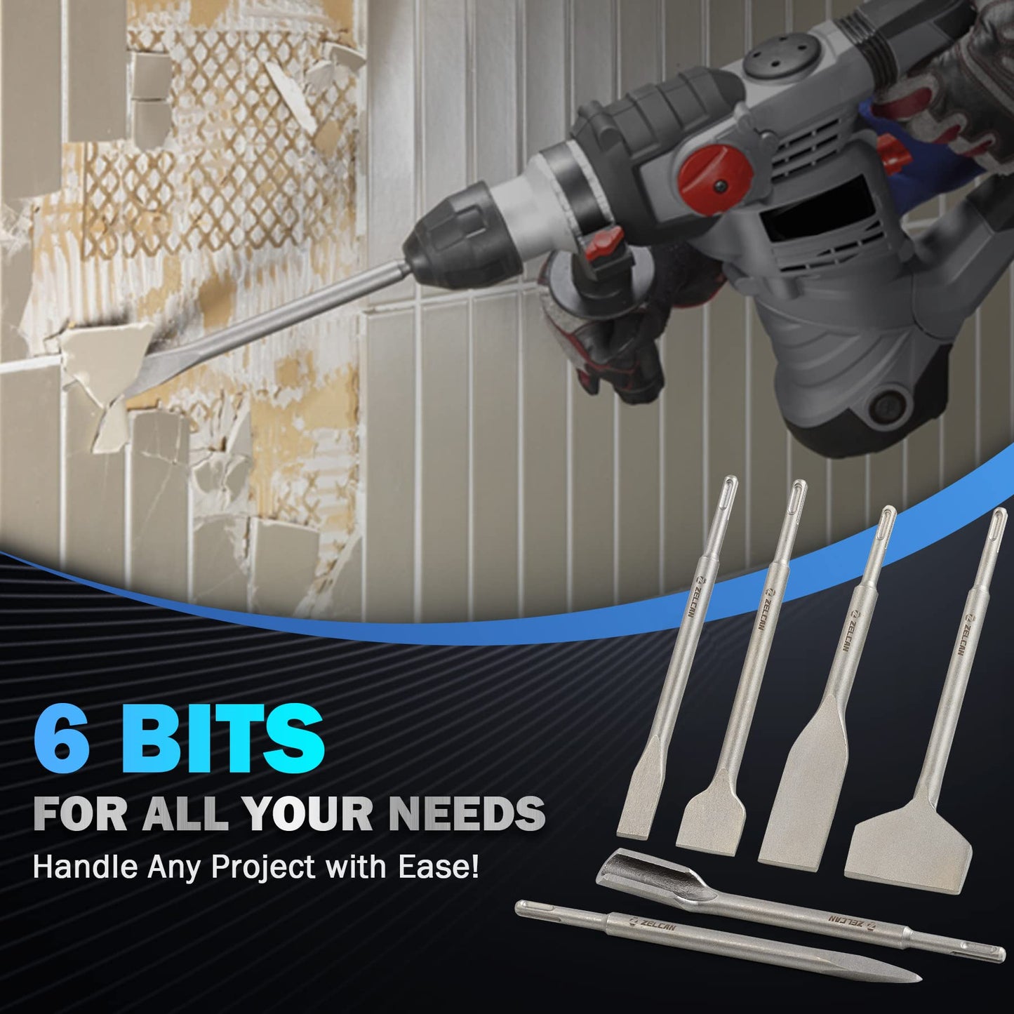 ZELCAN 6-Piece Chisel Set for SDS Plus Bits Tile Grooving Scraping Flat Point Scaling Chisels Hammer Drill Tool for Tile Masonry Concrete Brick Stone Work 40Cr Steel Drill Bit Set w SDS Plus Shanks