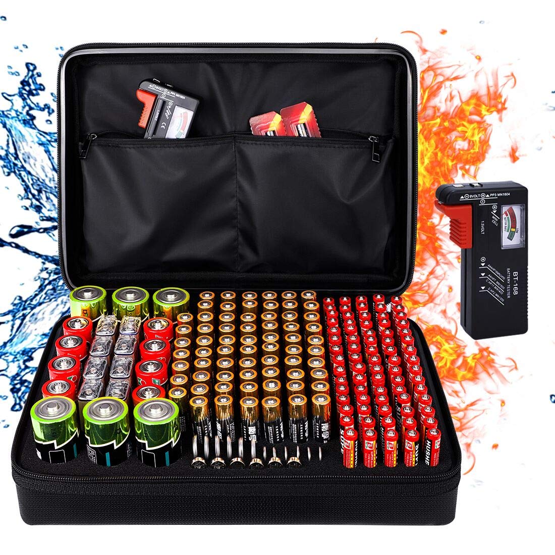 DocSafe Fireproof Battery Organizer Storage Box, Holds 200+ Batteries AA AAA C D 9V, with Battery Tester BT-168