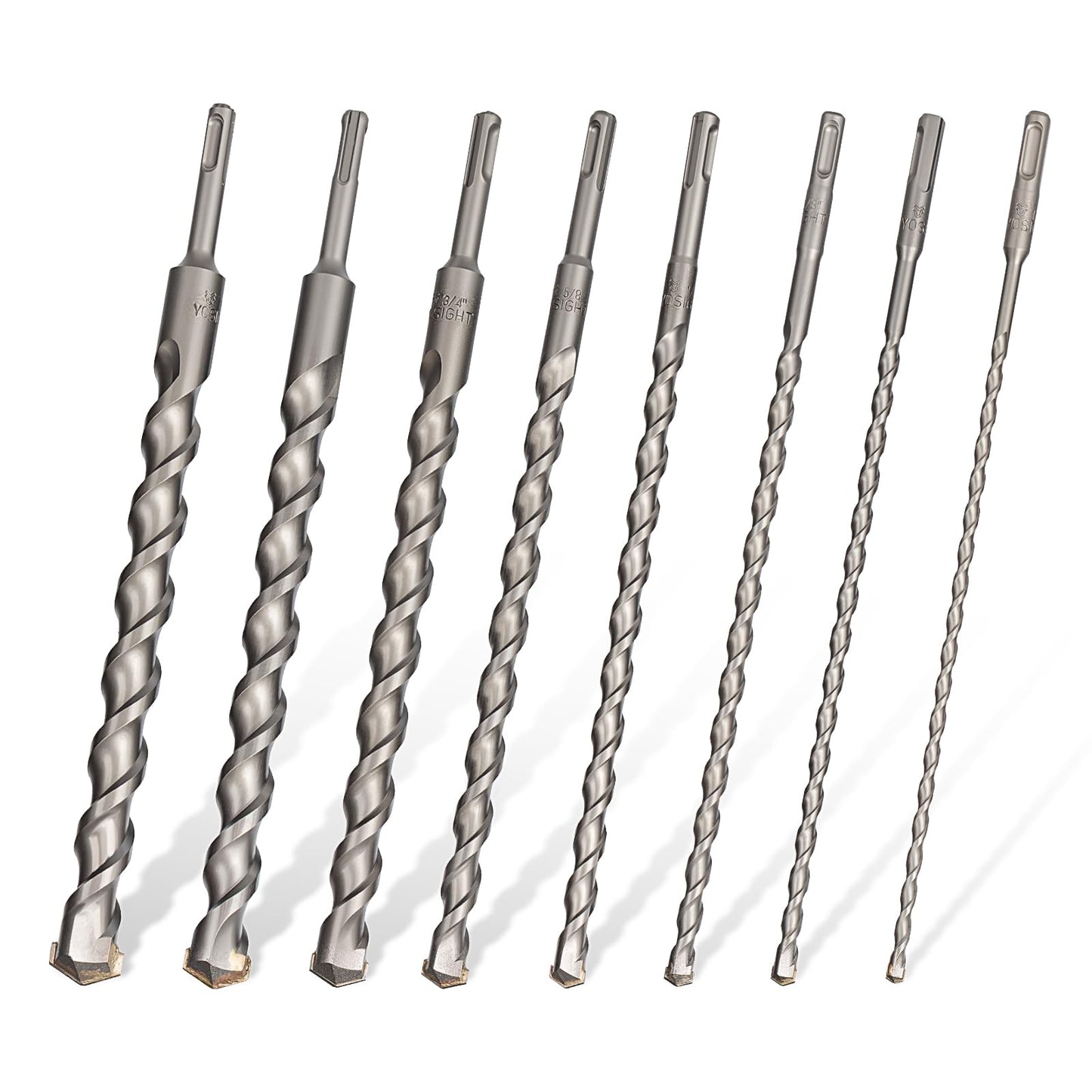 YOSIGHT 8Pcs SDS Plus 40Cr Drill Bits Set, 12 in. Long Multi-Size TCT Drill Bits, Tools for Concrete Brick Stone and Other Masonry Construction Materials (1/4" 5/16" 3/8" 1/2" 5/8" 3/4" 7/8" 1")