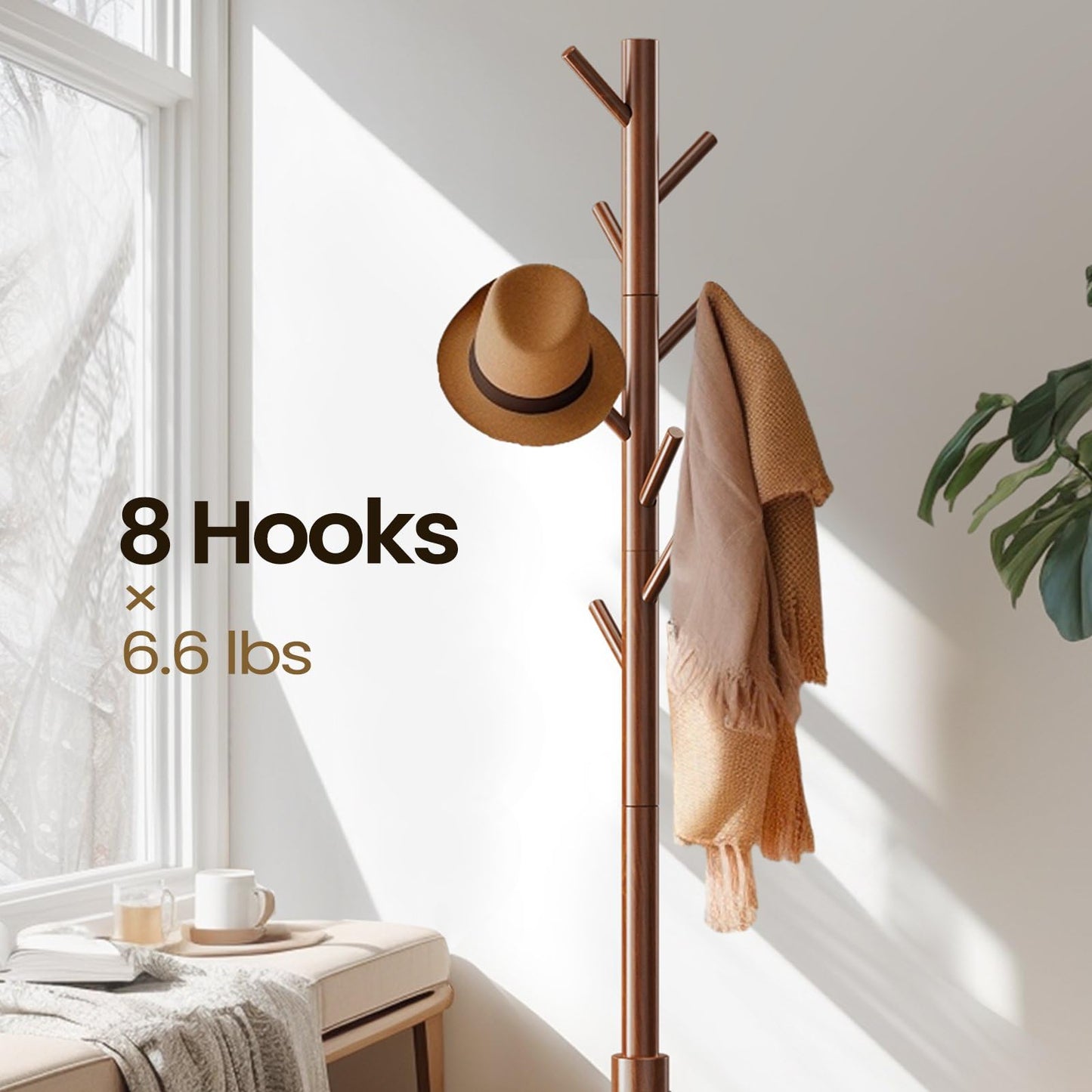 Livearty (TM) Wooden Coat Cloth Garment Hat Rack Stand, Adjustable Coat Tree, Free Standing Tree Hanger with 4 Sections & 8 Hooks for Home, Bedroom, Office, Hallway, Entryway, Apartment