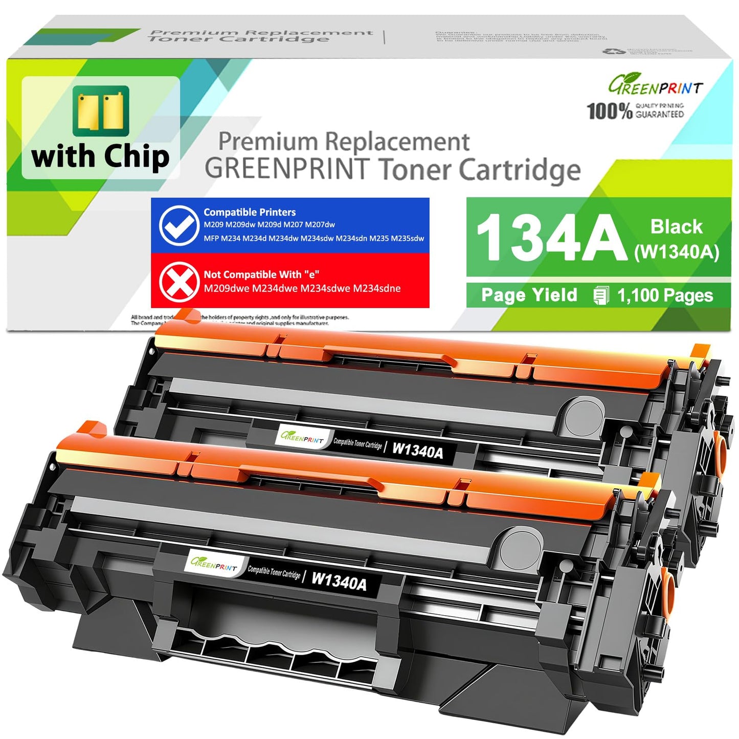 with CHIP Compatible Toner Cartridges 134A W1340A 2 Blacks 1100 Pages for M207 M207dw M209 M209d M209dw M234 M234d M234dw M234sdw M234sdn M235sdw, Can't Work with H P + Model End with ''e''