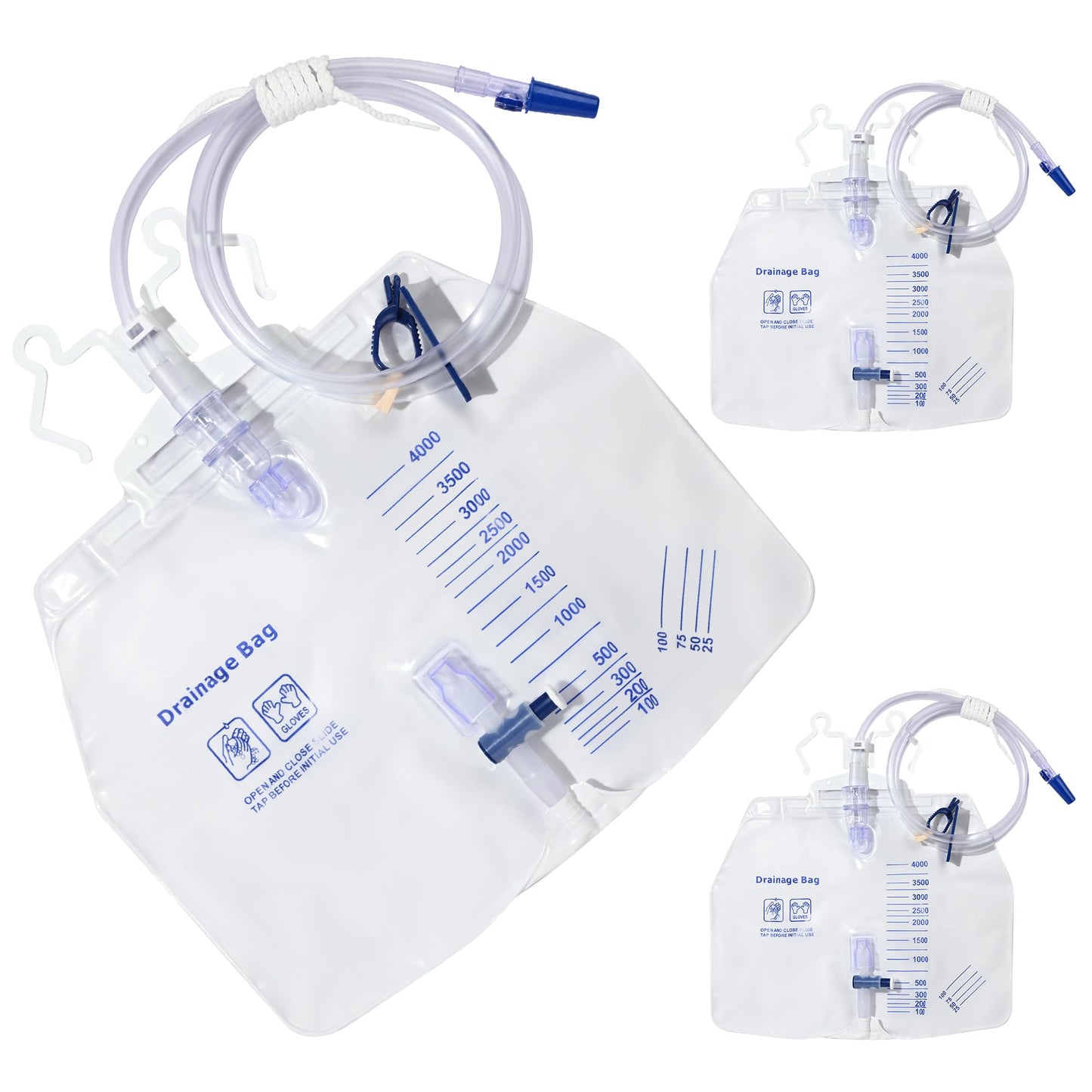 BeHerk 4000mL Catheter Bags for Men and Women 3 Pack Professional Urinary Drainage Bags with Enhanced Anti-Reflux Drip Chamber, 48” Thickened Drainage Tube, Adjustable Clips & Hanging Hook