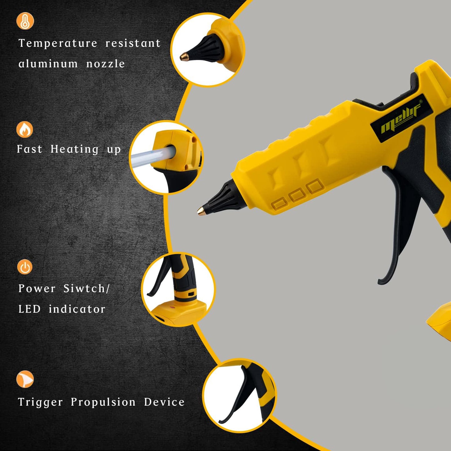 Mellif Cordless Hot Glue Gun Compatible with Dewalt 20V Max Battery, Handheld Electric Power Glue Gun Full Size for Arts & Crafts & DIY with 20 Glue Sticks (Tool Only)