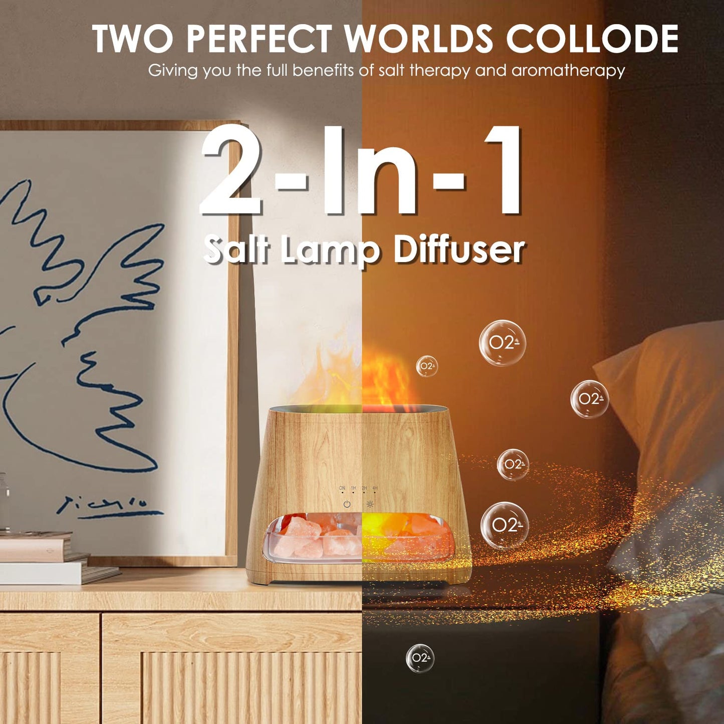 SALKING 2-in-1 Ultrasonic Essential Oil Diffuser & Himalayan Salt Lamp, Aromatherapy Diffuser Cool Mist Humidifier with Auto Off Function, 100% Pure Himalayan Pink Salt Rock, 150ml (Wooden Grain)