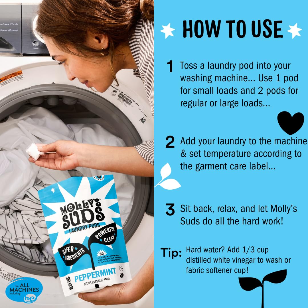 Molly's Suds Laundry Detergent Pods | Clean Detergent for Sensitive Skin | Ultra Concentrated and Stain Fighting | Peppermint - 60 Count