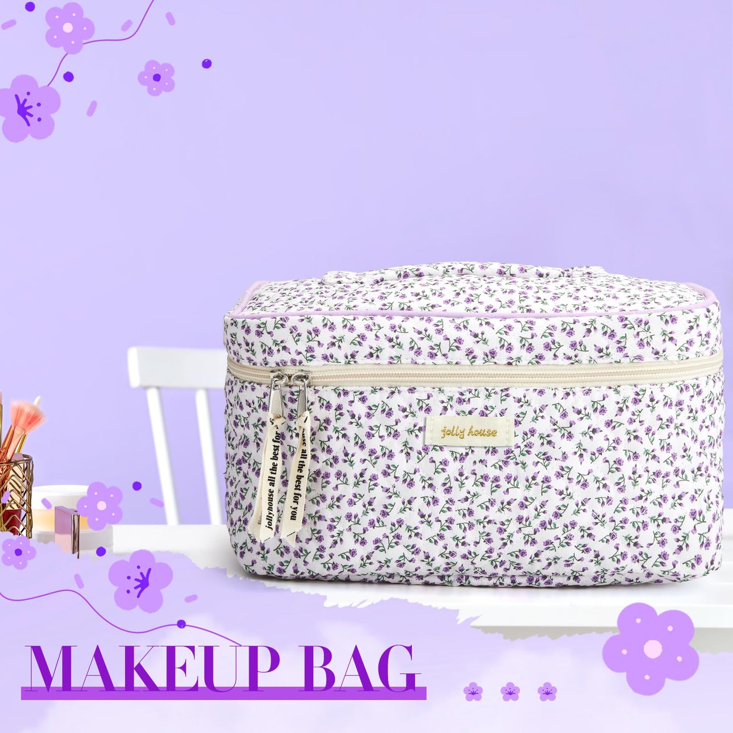 Zeyune 3 Pcs Makeup Bag Quilted Cosmetic Bags Large Floral Makeup Bag Set for Women Cotton Flower Travel Toiletry Storage Cute with Zipper for Women Mom Birthday Gift Home Bathroom(Flower)