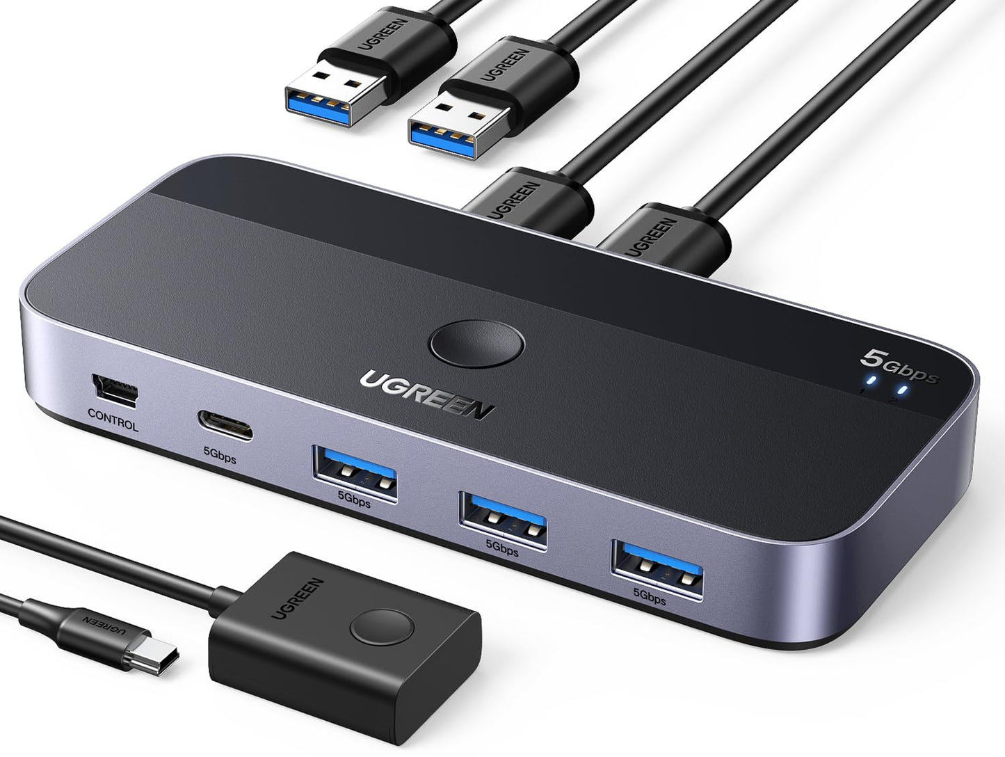 UGREEN USB 3.0 Switch, 2 Computers Sharing USB A and C Peripherals, 4 Port Switcher for Computers Sharing Keyboard Mouse Webcam Microphone Headphone with 2 Pack 3.0 Data Cables and Remote