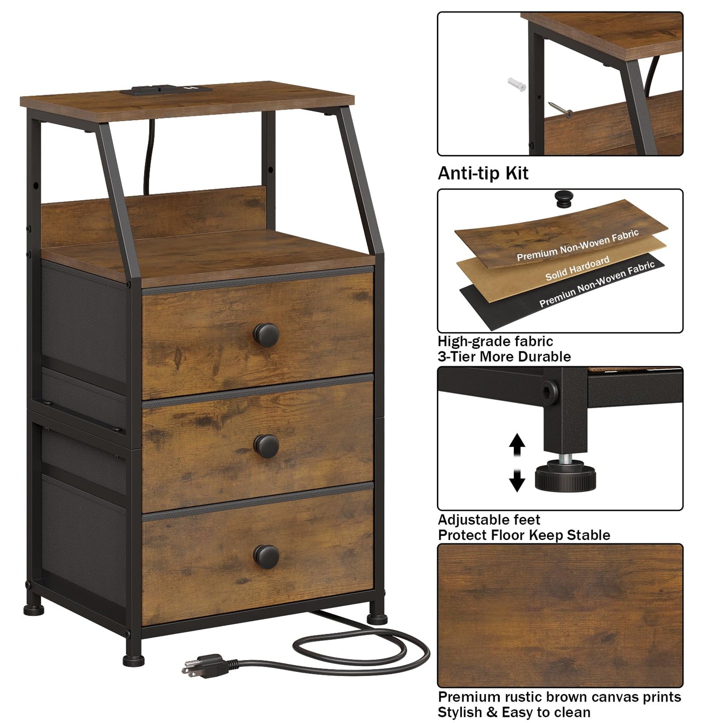 GiftGo Nightstand with Charging Station Led Light and 3 Fabric Drawers Bedside Sofa Side End Table for Bedroom Living Room (Rustic Brown, 3 Drawers)