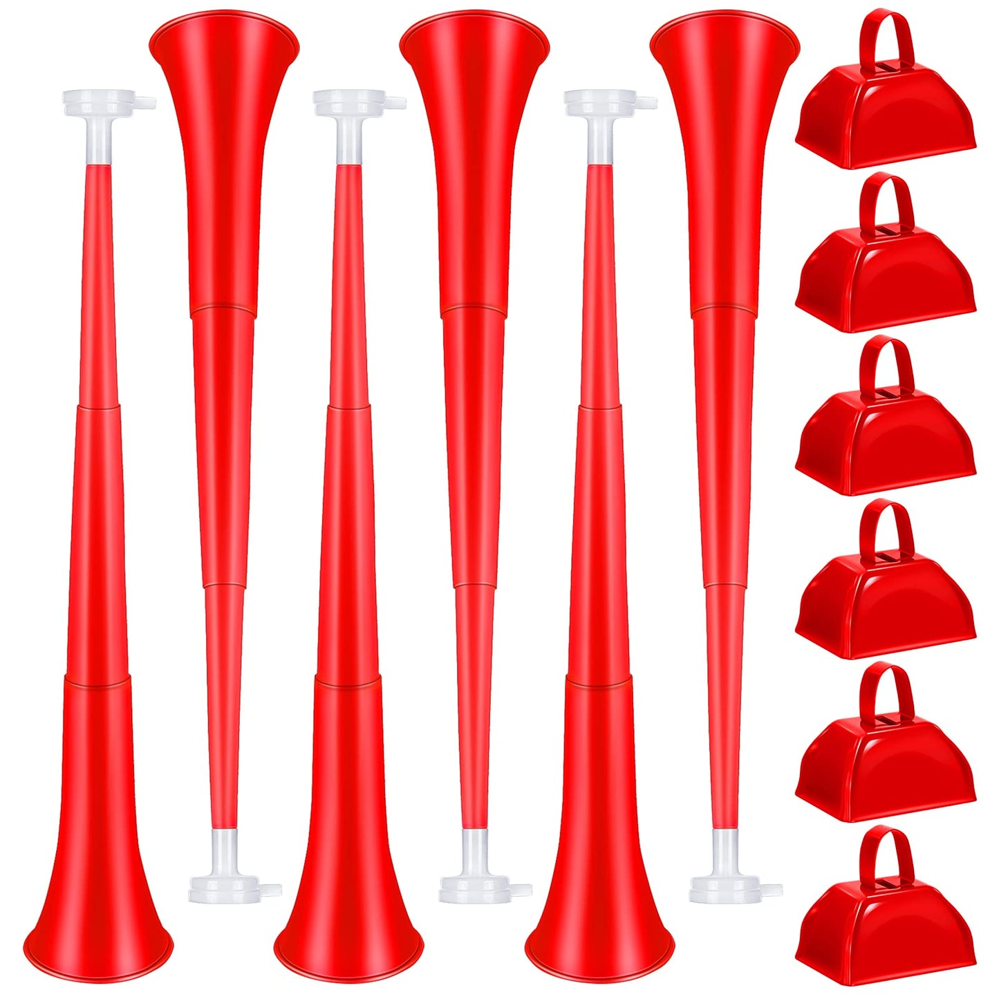 Treela 12 Pcs Collapsible Stadium Horn and Metal Cowbells 24 Inch Vuvuzela Horn Blow Plastic Trumpet Cow Bells with Handle Noisemakers for Sporting Events Graduation Games School Sports Party(Red)