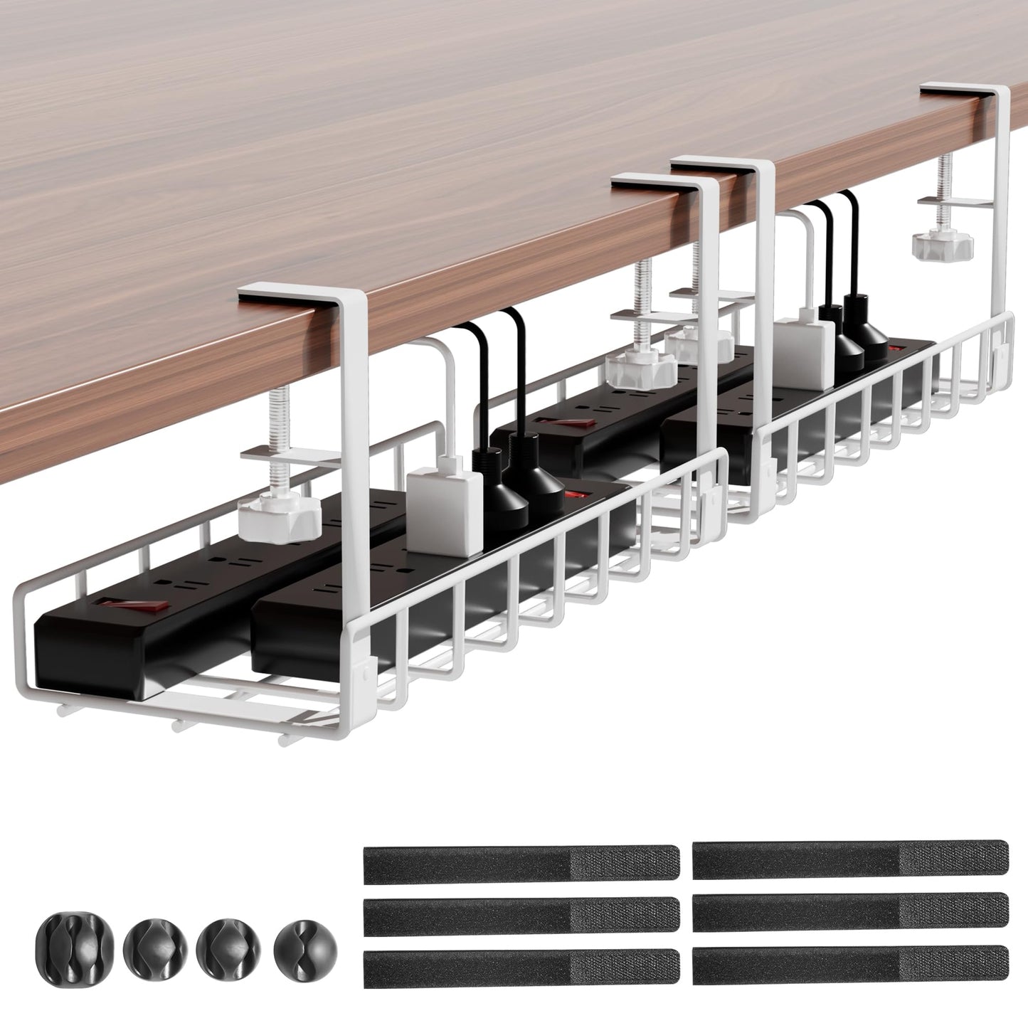 Under Desk Cable Management Tray 2 Pack, Xpatee Wire Management No Drill No Screws, Cable Tray with Clamp for Desk Wire Management, Computer Cable Rack for Office, Home - No Damage to Desk White